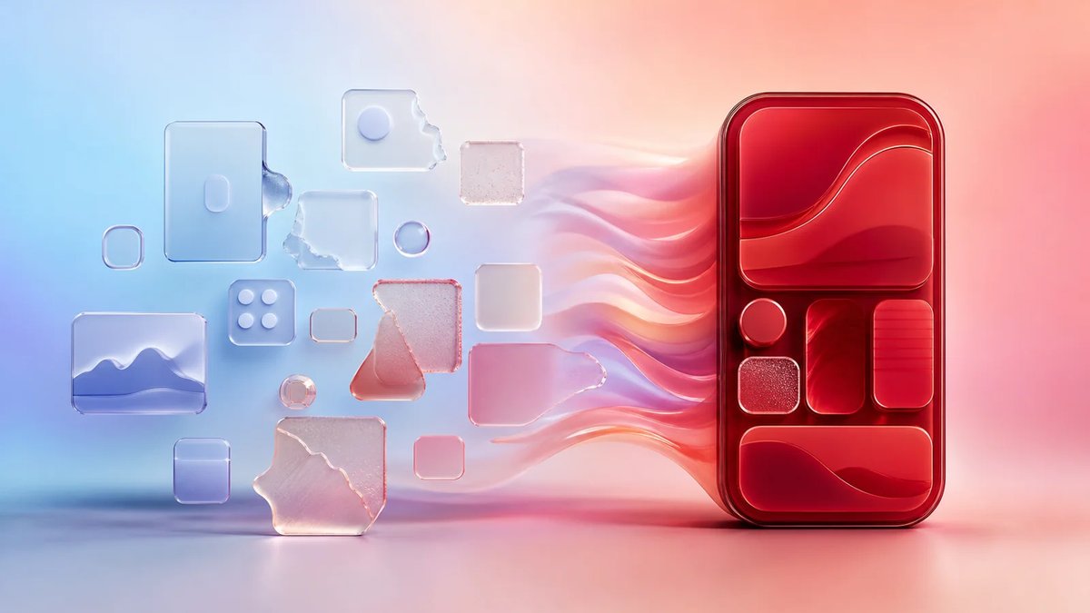 Abstract dimensional mobile app modules becoming a polished crimson product core on a luminous aurora gradient.