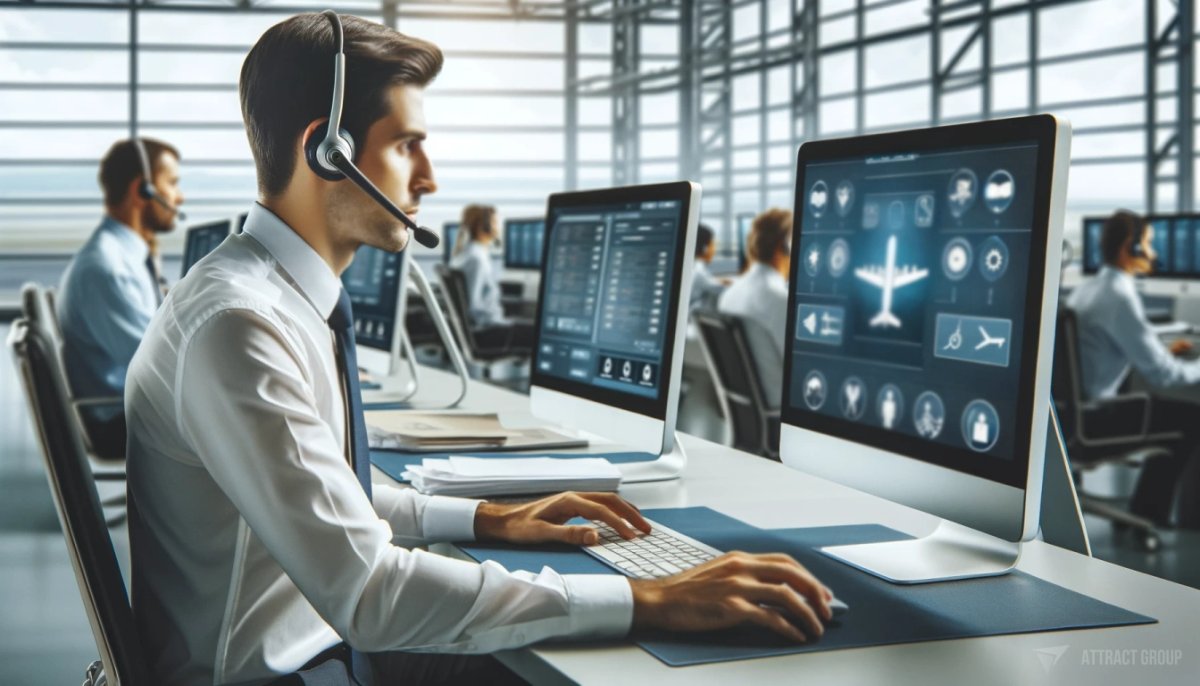 Introduction to US Airport Security Software Development. A man in a white shirt working at a computer station. He's wearing a headset with a microphone