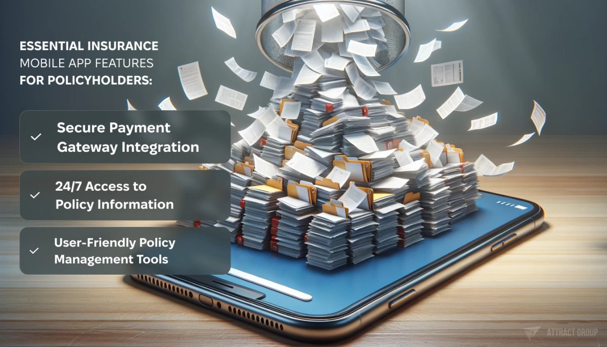 Illustration for Essential Insurance Mobile App Features for Policyholders. A large pile of documents and folders being poured into the middle of a smartphone. This visual metaphor represents the uploading of documents into an application, emphasizing the convenience of having documents in a digital, mobile-friendly format. Below the pile of documents, there is a loader and a download progress bar, illustrating the ongoing process of digitalization. The image should have highly realistic textures, capturing the details of the papers and folders, and the smartphone's screen. The scene is illuminated with soft light, highlighting the modern solution to document storage and management.