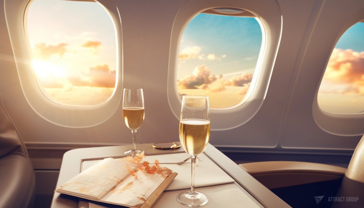 Luxury plane, plane windows with clouds and sun, two glasses of champagne, plane seats