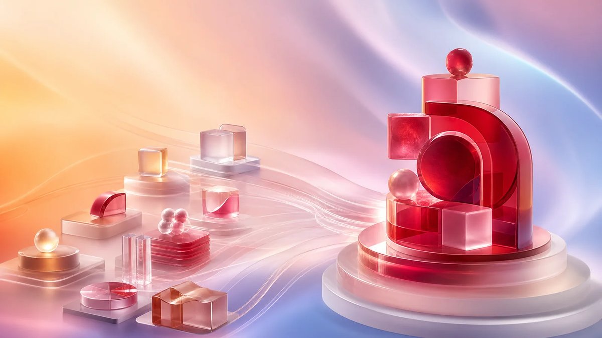 Abstract technical leadership blocks converging into a crimson strategic core on a warm cool aurora gradient background.