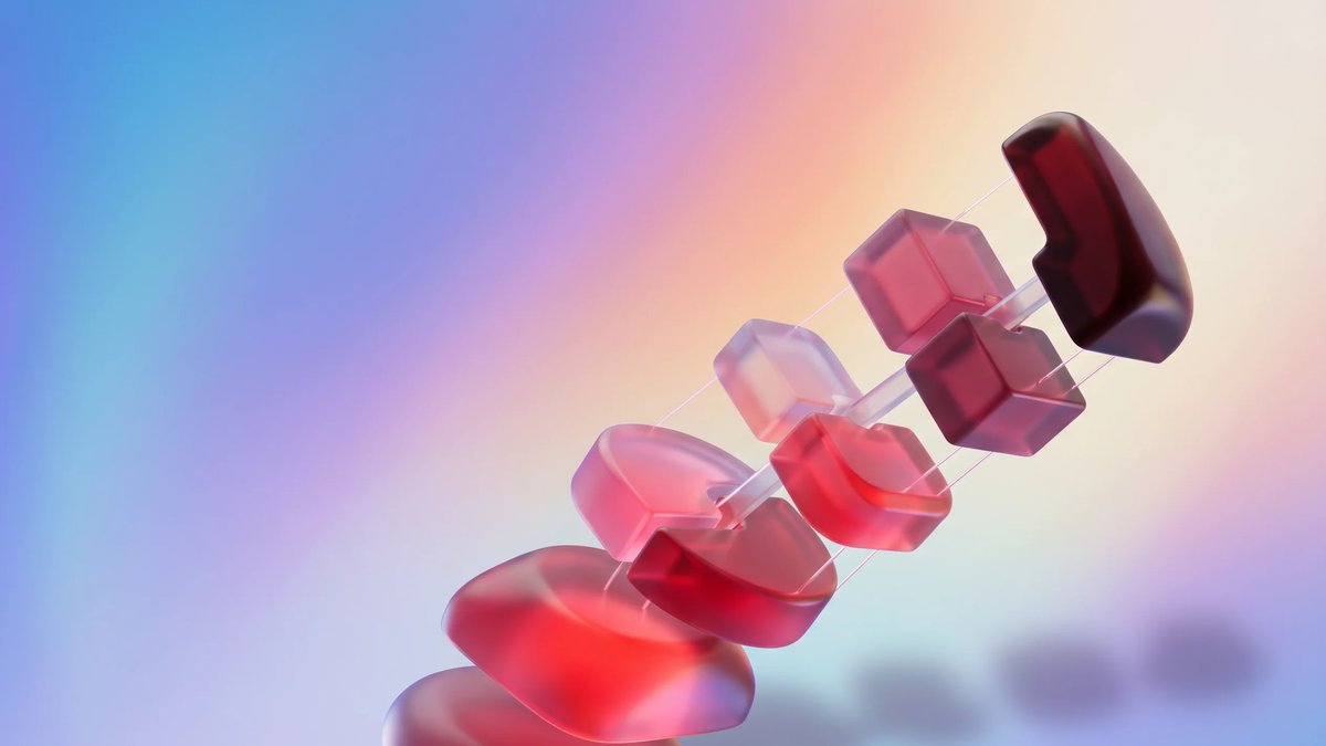 Abstract premium editorial illustration for custom fintech software development, with layered crimson glass forms rising over a luminous aurora gradient background.