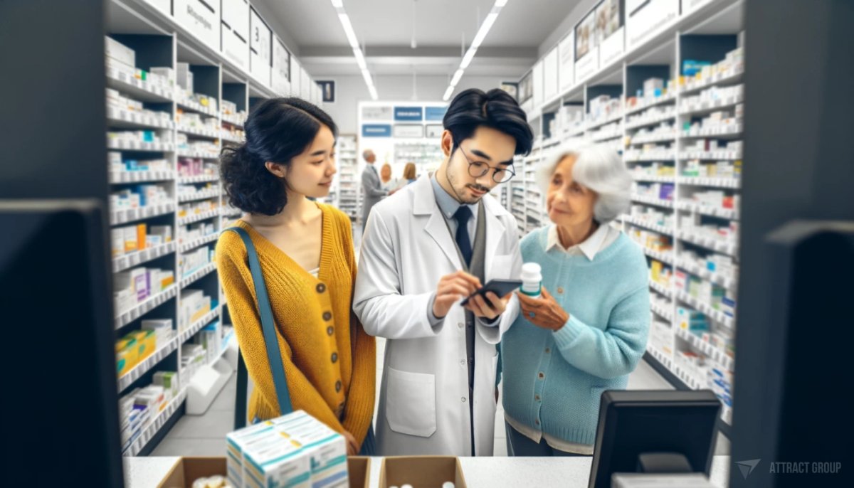 Key Features of E-ticketing Platform for Retailers.
Pharmacist in glasses and a white lab coat is seen assisting two customers.