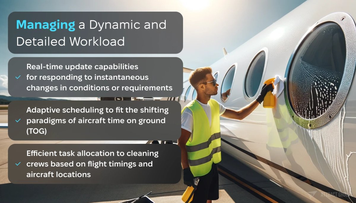 Managing a Dynamic and Detailed Workload. A ground crew member cleaning or inspecting the cockpit window of a white private jet. The worker should be wearing a bright neon safety vest, black shorts, and sunglasses, set against a warm and sunny environment. The aircraft should have a sleek design with porthole windows along the fuselage, and a jet engine visible on the right. The scene is on an airport tarmac with a clear sky, highlighting the meticulous care and maintenance given to aircraft for safety and cleanliness.