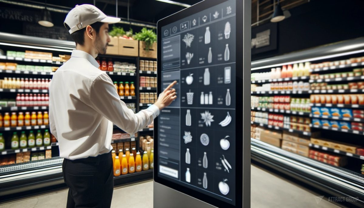 Hidden Costs in Digital Ticketing Platforms.
Grocery store. Employee using a digital display.