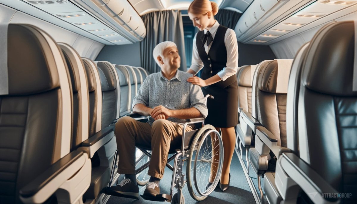 Ensuring Accessibility and Convenience for Varied User Groups. 

An elderly man in a wheelchair inside an airplane cabin, with a flight attendant approaching him to ask if he needs any assistance. The cabin is well-lit with soft lighting. 