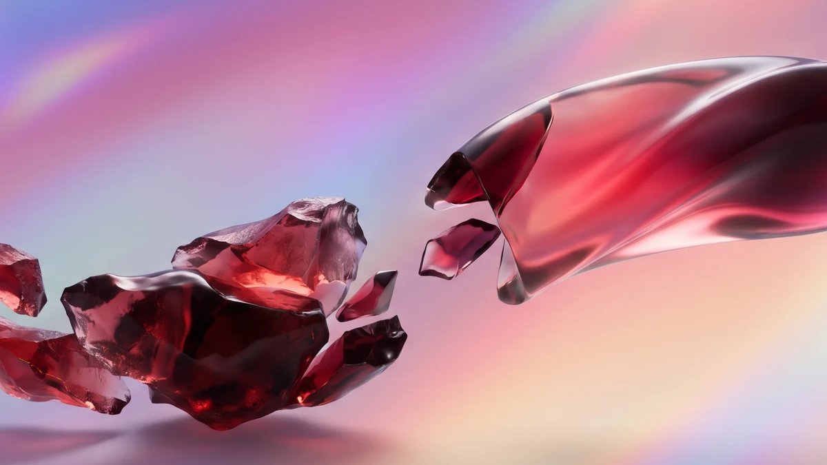 Abstract premium editorial illustration for on premise to cloud migration, with fragmented crimson glass forms resolving into a unified shape over a blue violet aurora gradient.