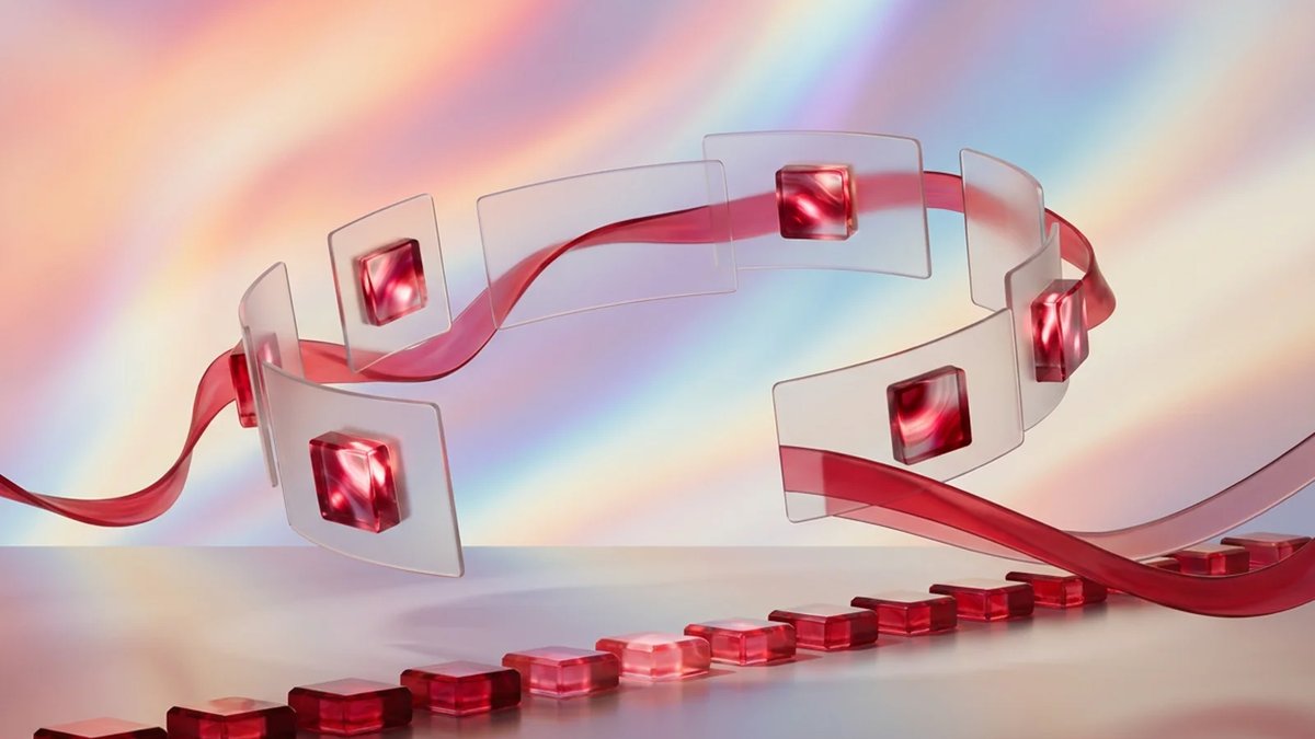 Abstract AI-assisted user story workflow with frosted-glass cards connected by a crimson ribbon.