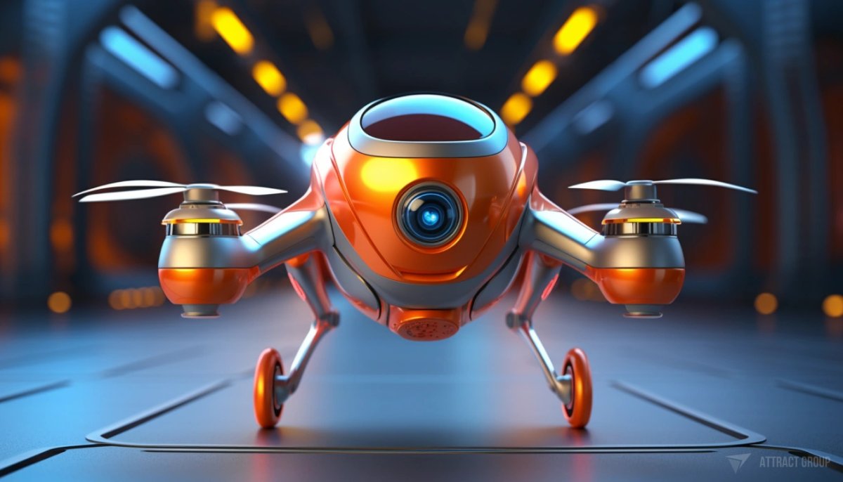 Colorful illustration of golden drone-robot