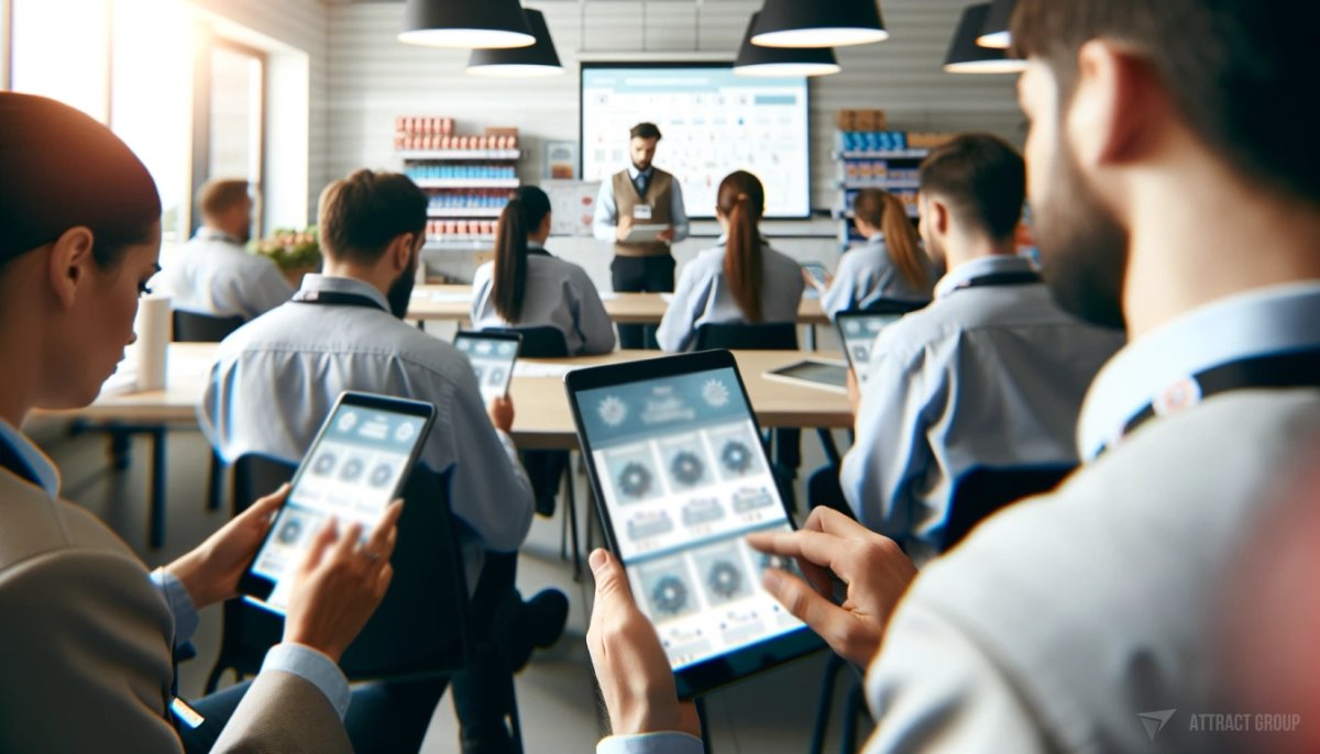 Training and Support for Staff and Customers. Supermarket staff training session.