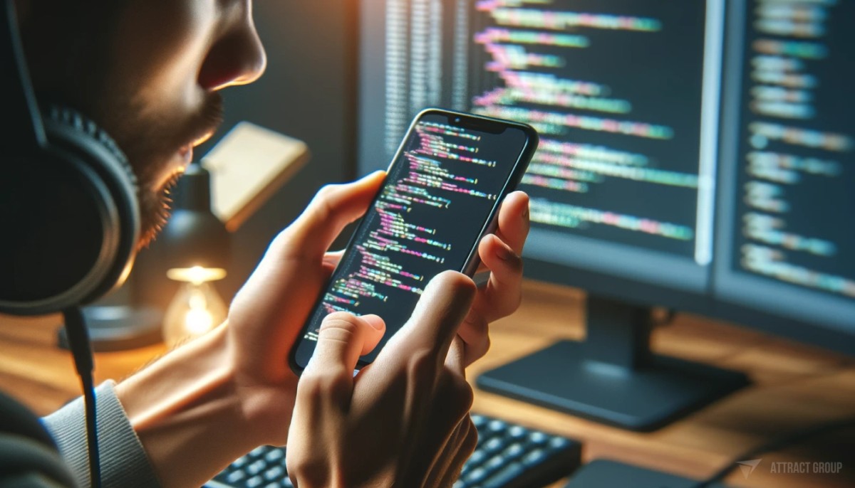 App development is a complex and multifaceted task. A close-up of a person's hand holding a smartphone with code on its screen, suggesting they are programming or reviewing code. The individual should be wearing headphones, appearing concentrated. In the blurred background, include monitors with additional lines of code, indicating a programming or development workspace. The lighting should be dim to accentuate the phone's screen and the code displayed on it.