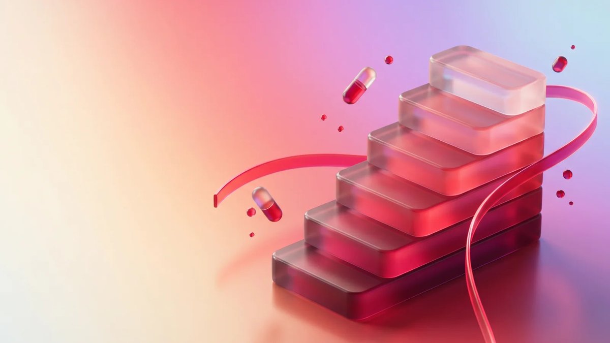 Abstract glass modules stacking into a crimson healthcare monitoring workflow against a luminous aurora gradient