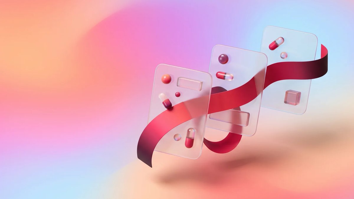 Abstract floating glass cards connected by a crimson ribbon, representing connected hospital management software workflows