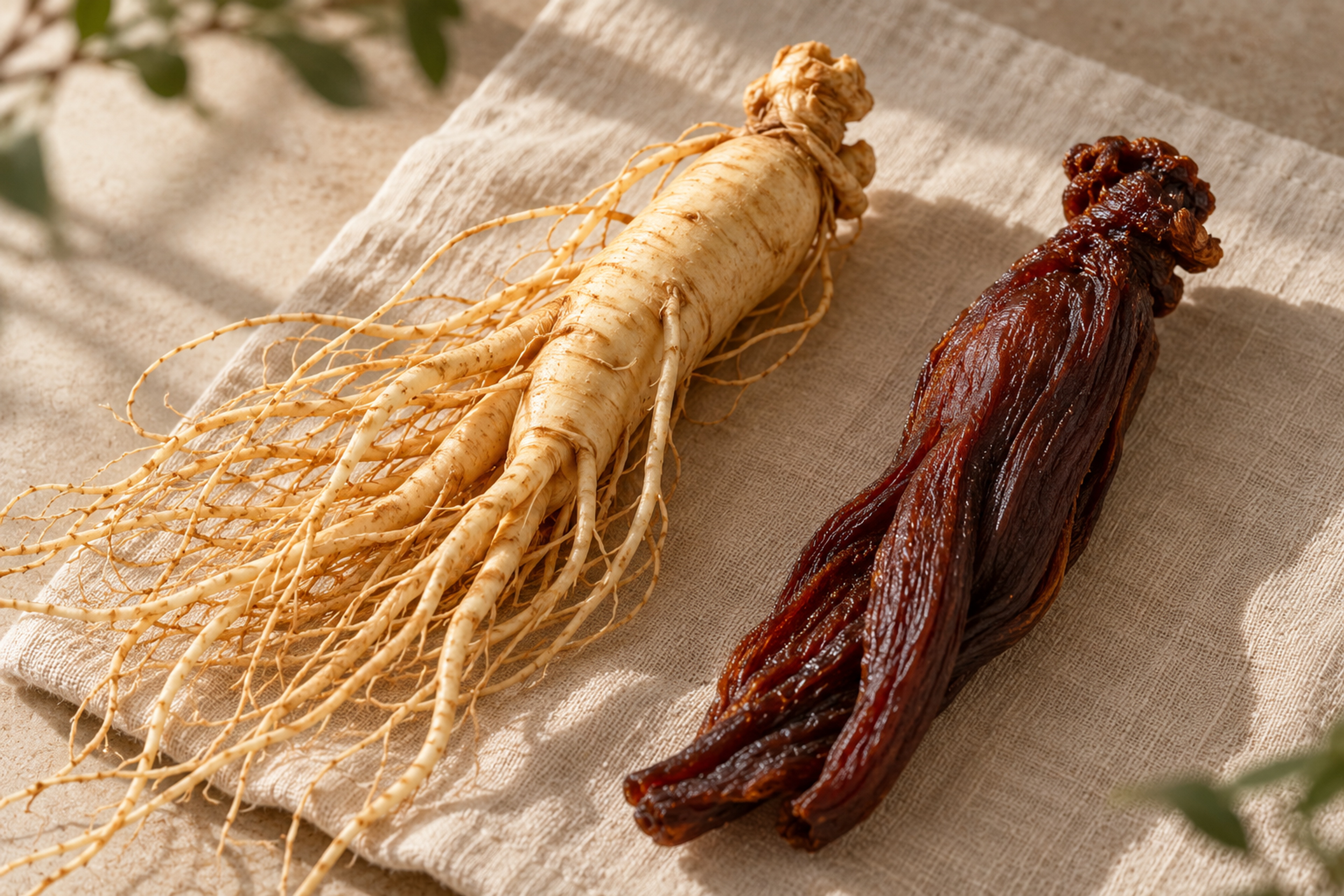A fresh pale ginseng root next to a dark, glossy black ginseng root on a linen surface