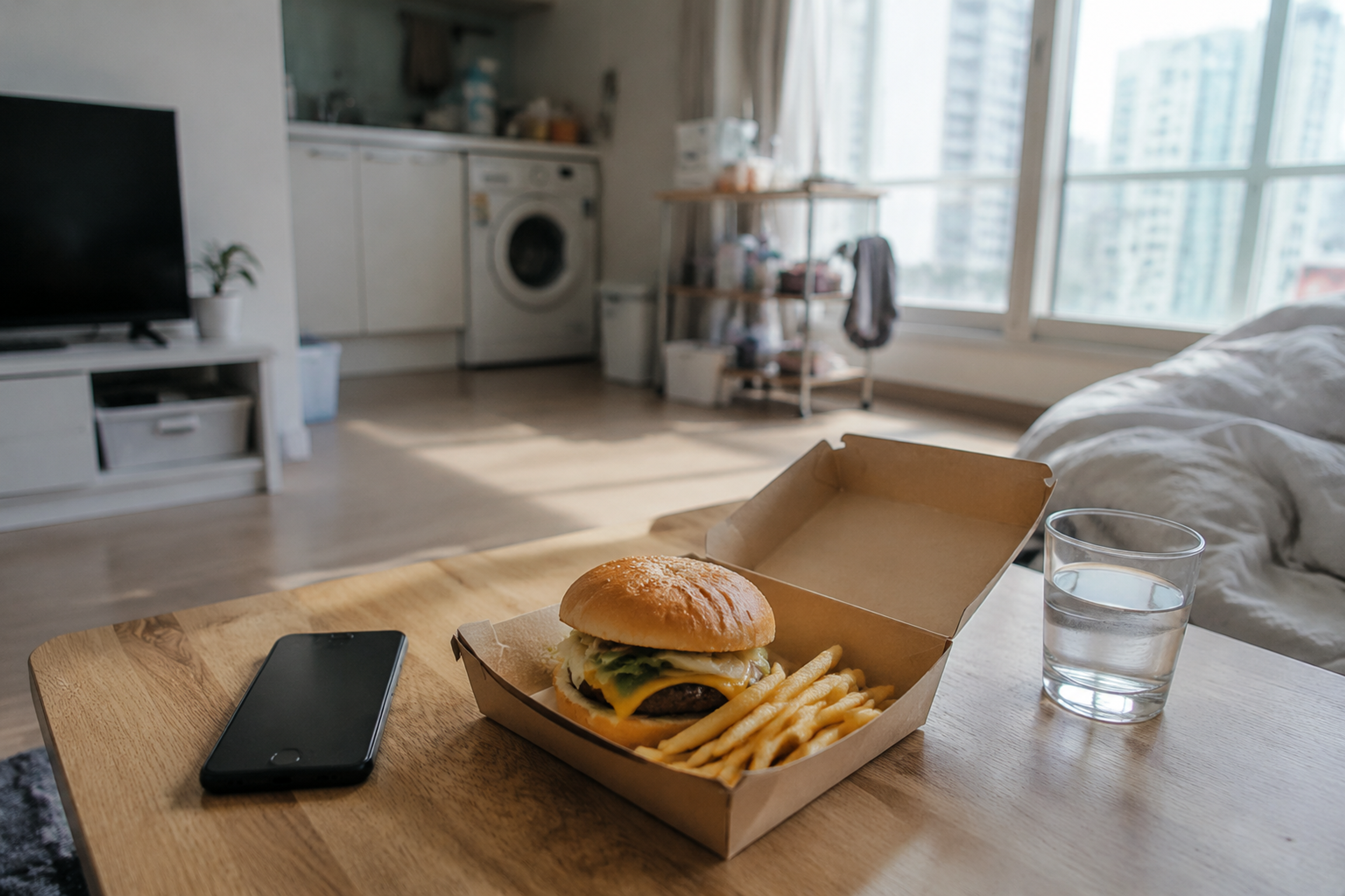 An unbranded hamburger and fries on a low table in a modern Korean apartment