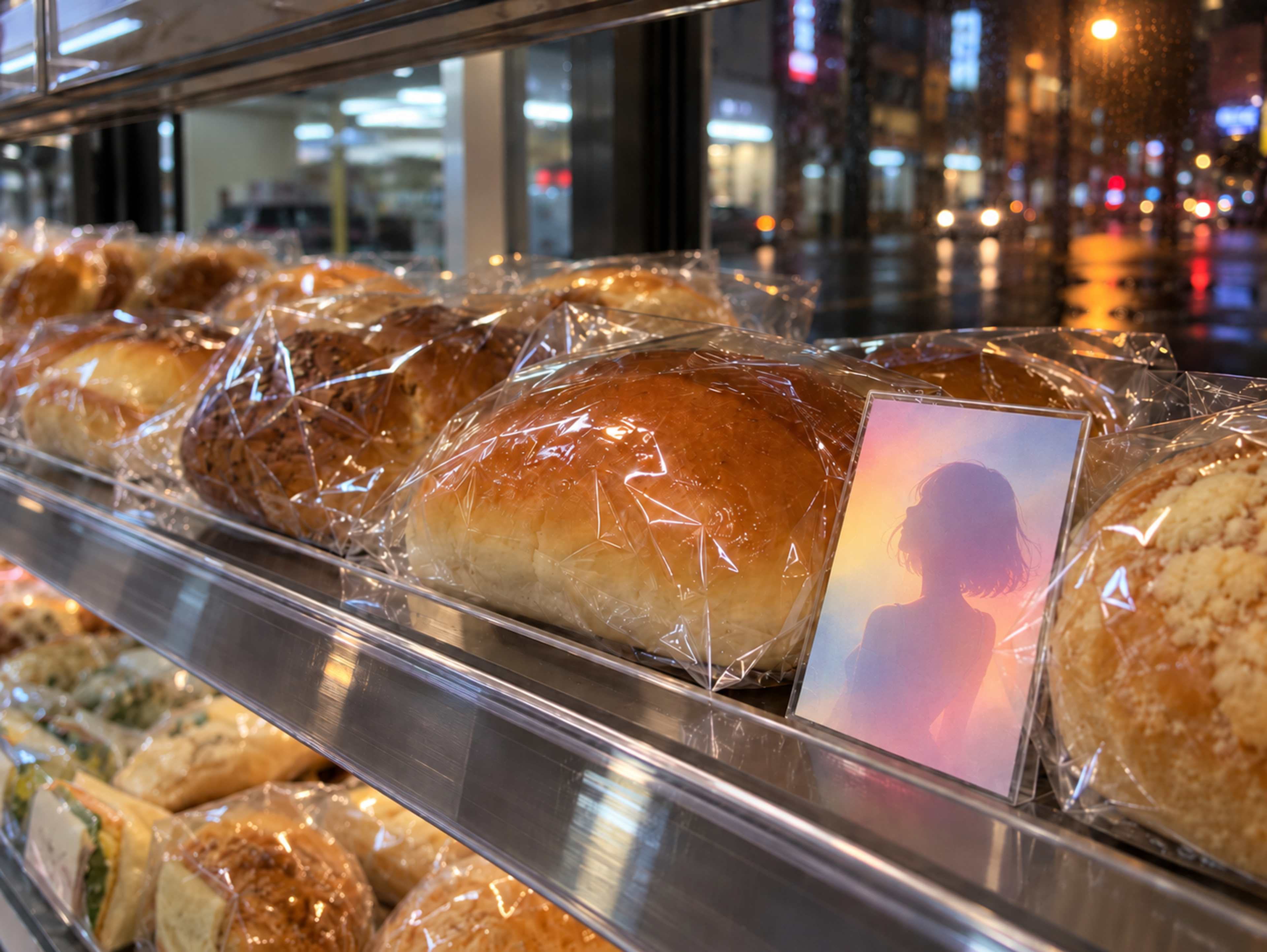 Individually wrapped buns on a Korean convenience store bakery shelf with a clear collectible card leaning against one bun