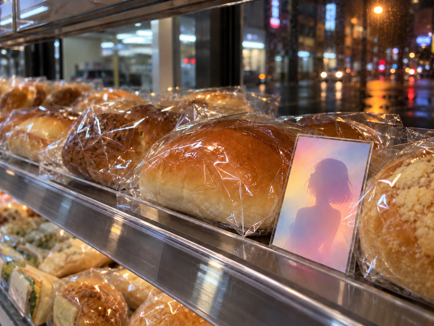 Individually wrapped buns on a Korean convenience store bakery shelf with a clear collectible card leaning against one bun