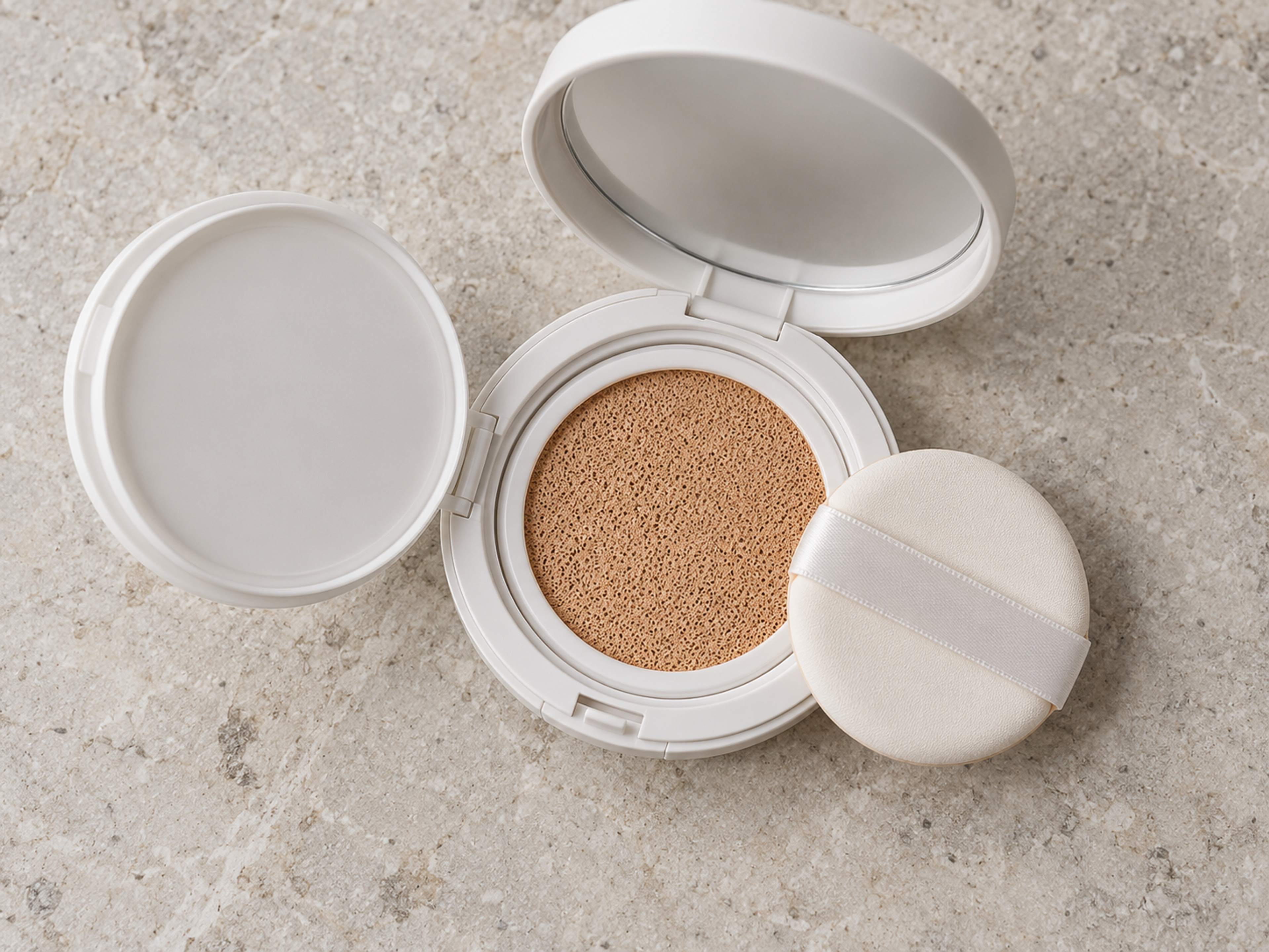 An open cushion compact showing the soaked sponge and a round puff resting on the rim