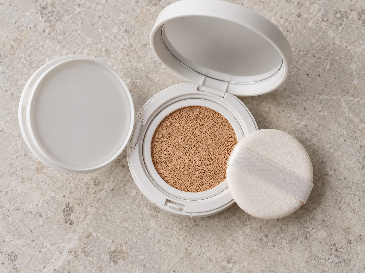 An open cushion compact showing the soaked sponge and a round puff resting on the rim
