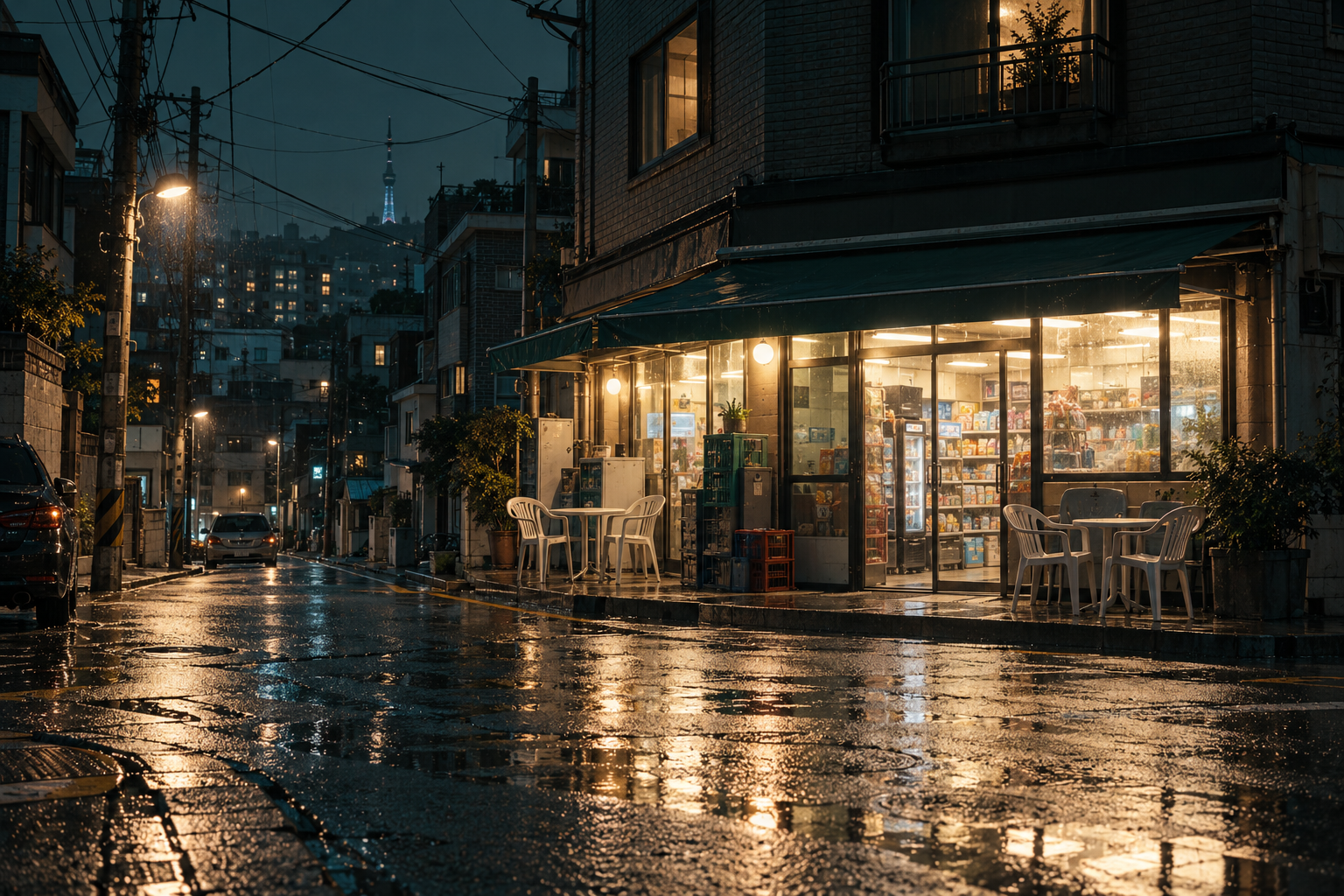 A neighborhood convenience store glowing at night on a quiet residential street, with plastic tables outside