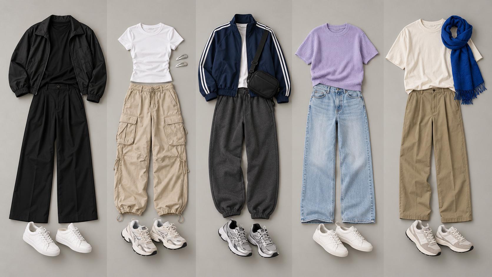 Five gender-neutral K-pop concert outfit ideas: minimal black, Y2K pop, sporty street, soft pastel and an album-inspired accent look