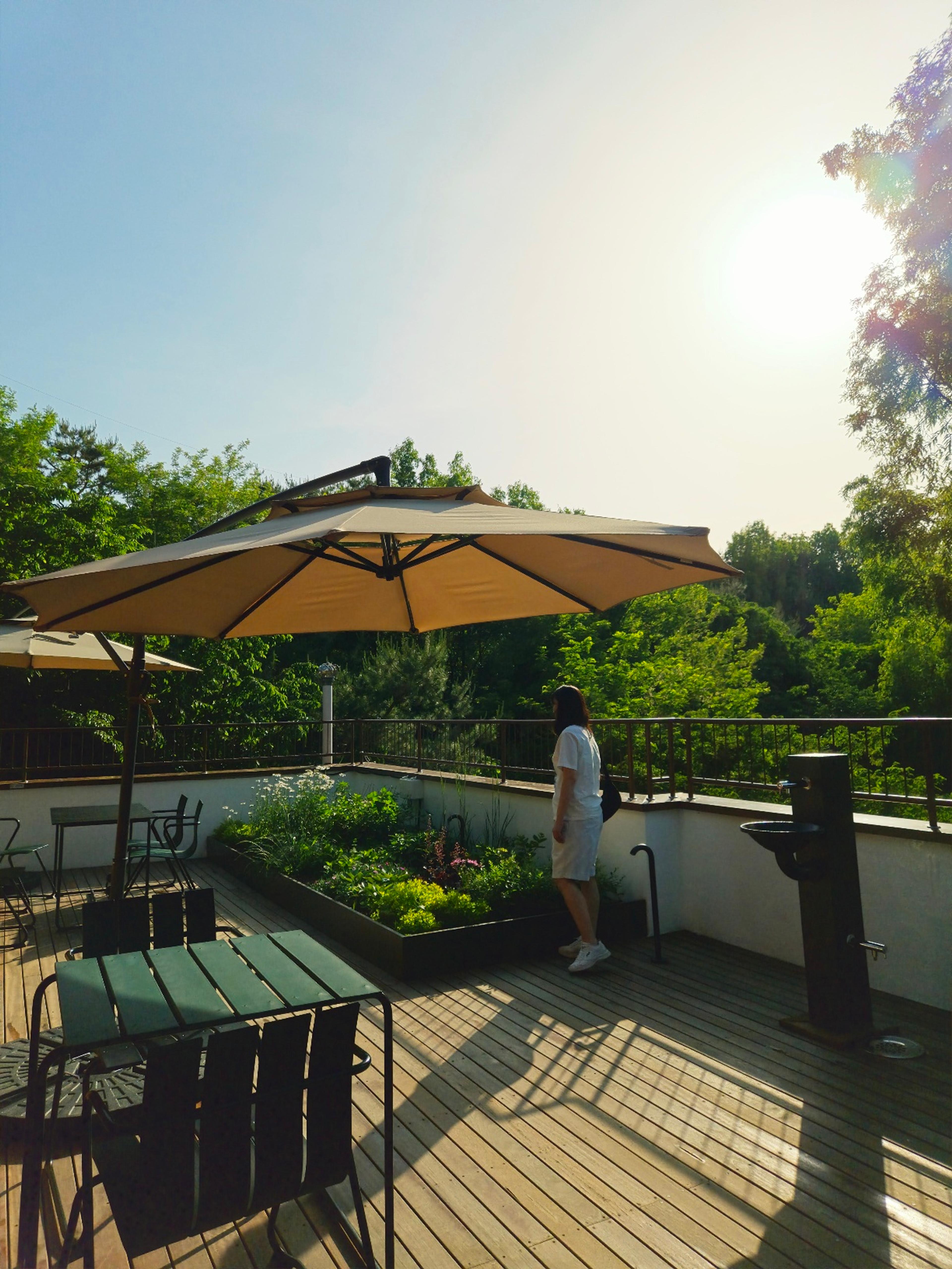 relaxing seating area under a parasol