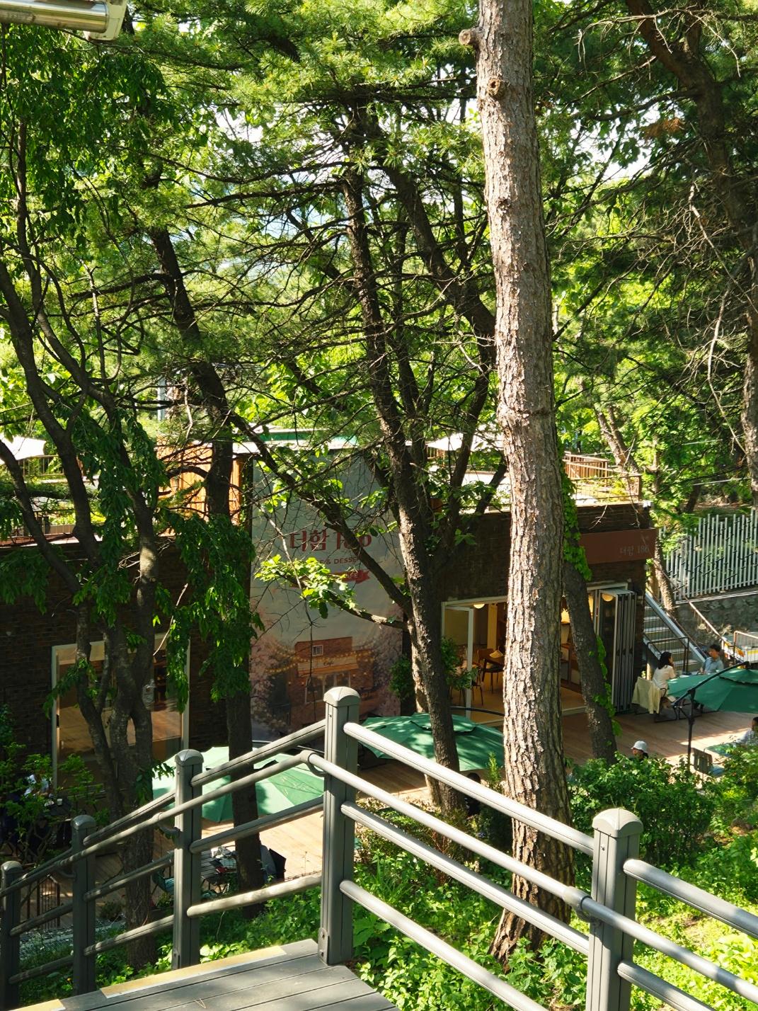 Weathered brick exterior of Cafe Theham 186 nestled perfectly under large, leafy trees