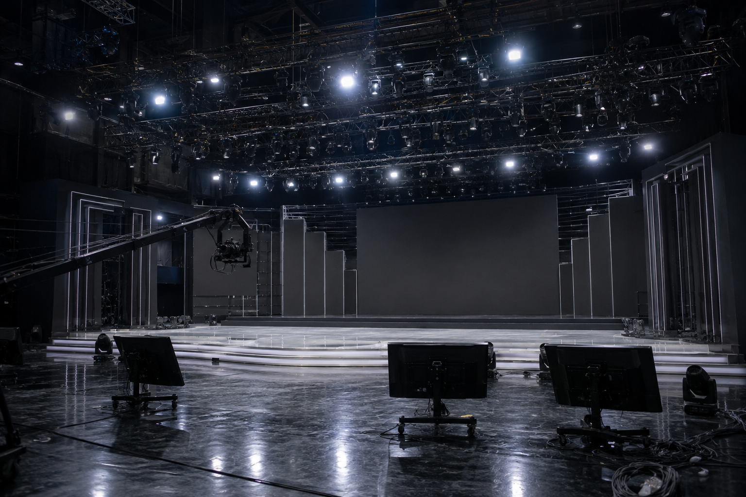 Empty Korean music show broadcast stage with lighting rig before taping