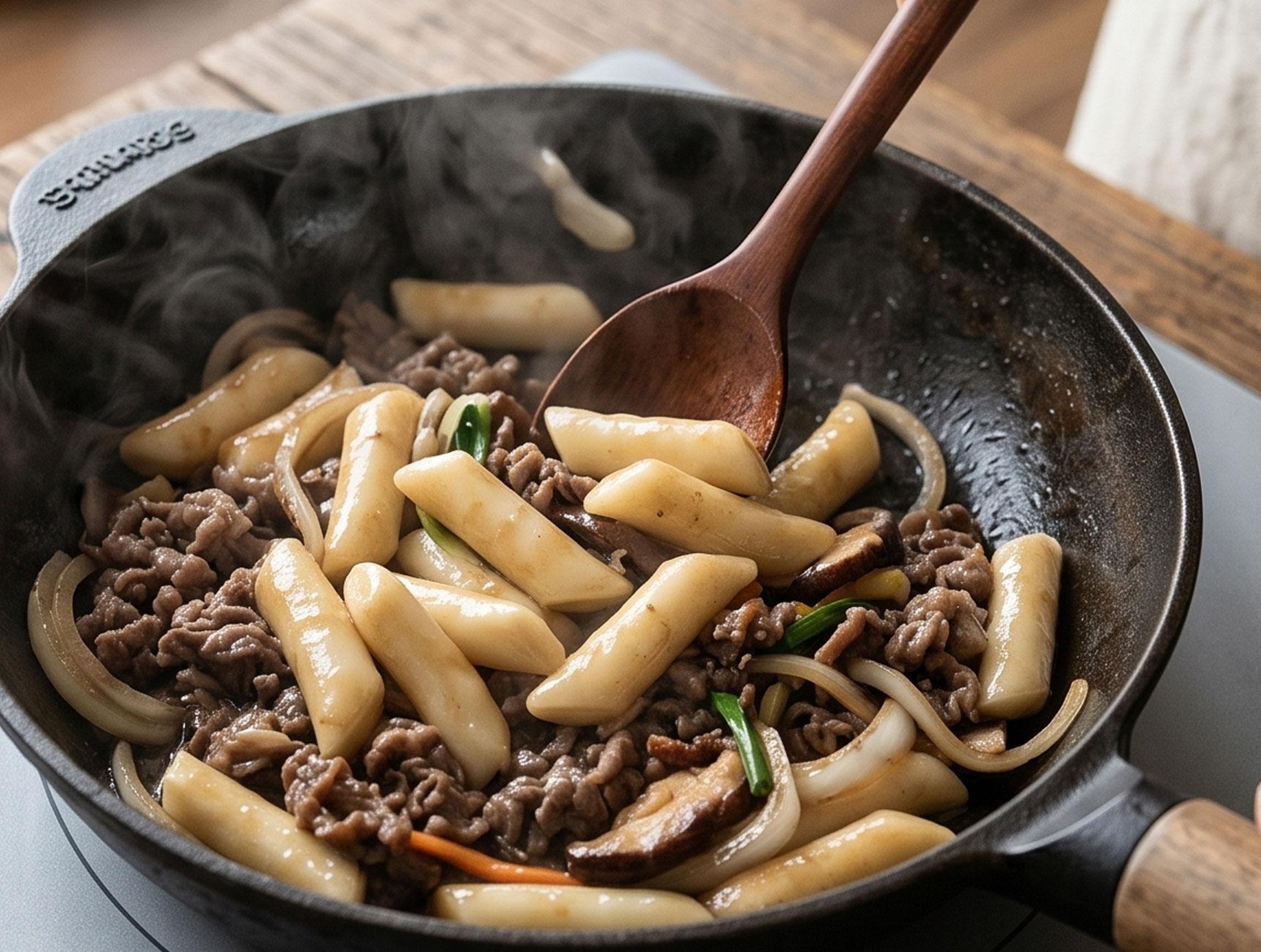 Stir-fried spicy rice cake in an iron pan