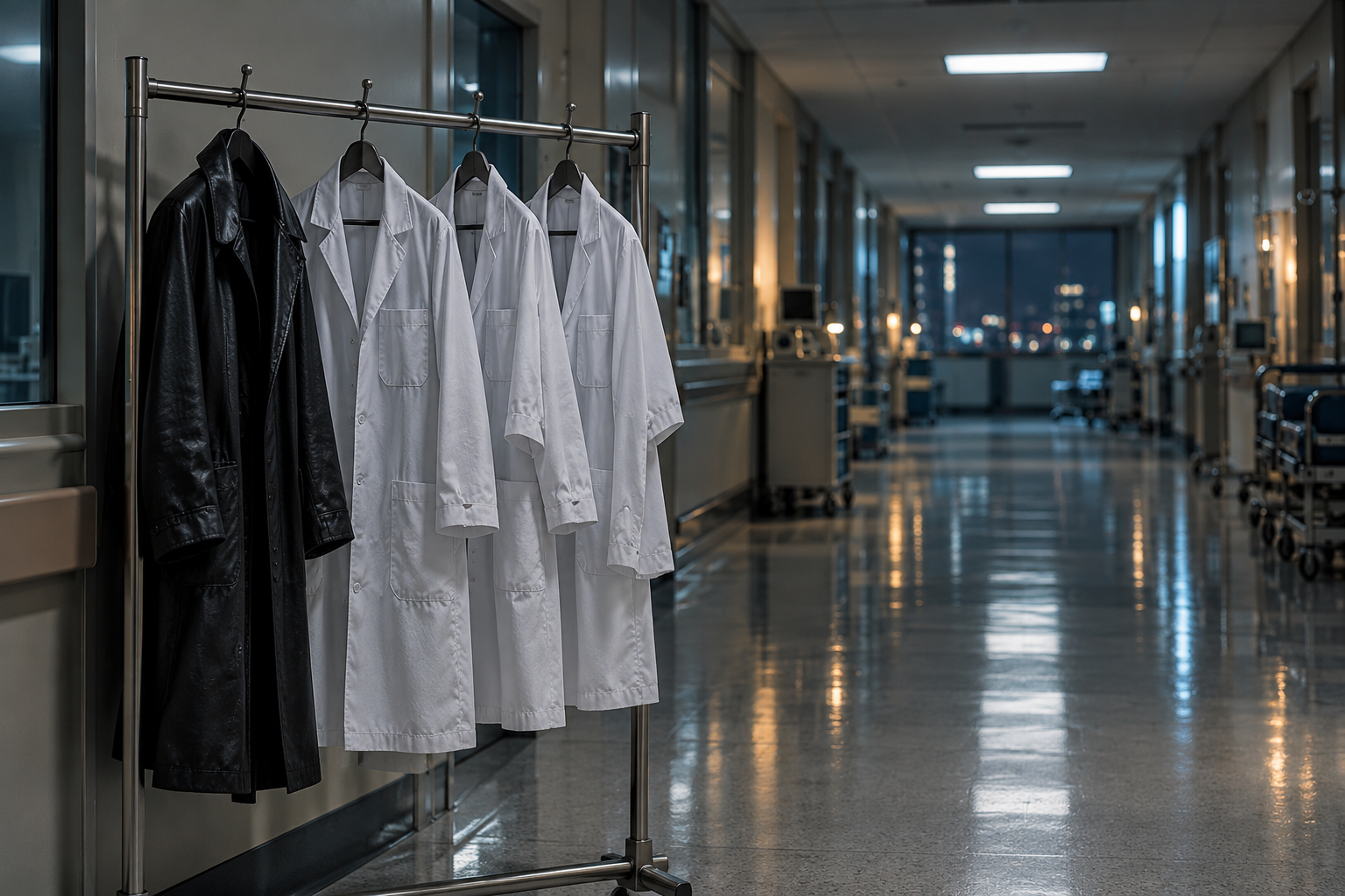 Empty hospital corridor at night with white doctor’s coats hanging beside a single black coat