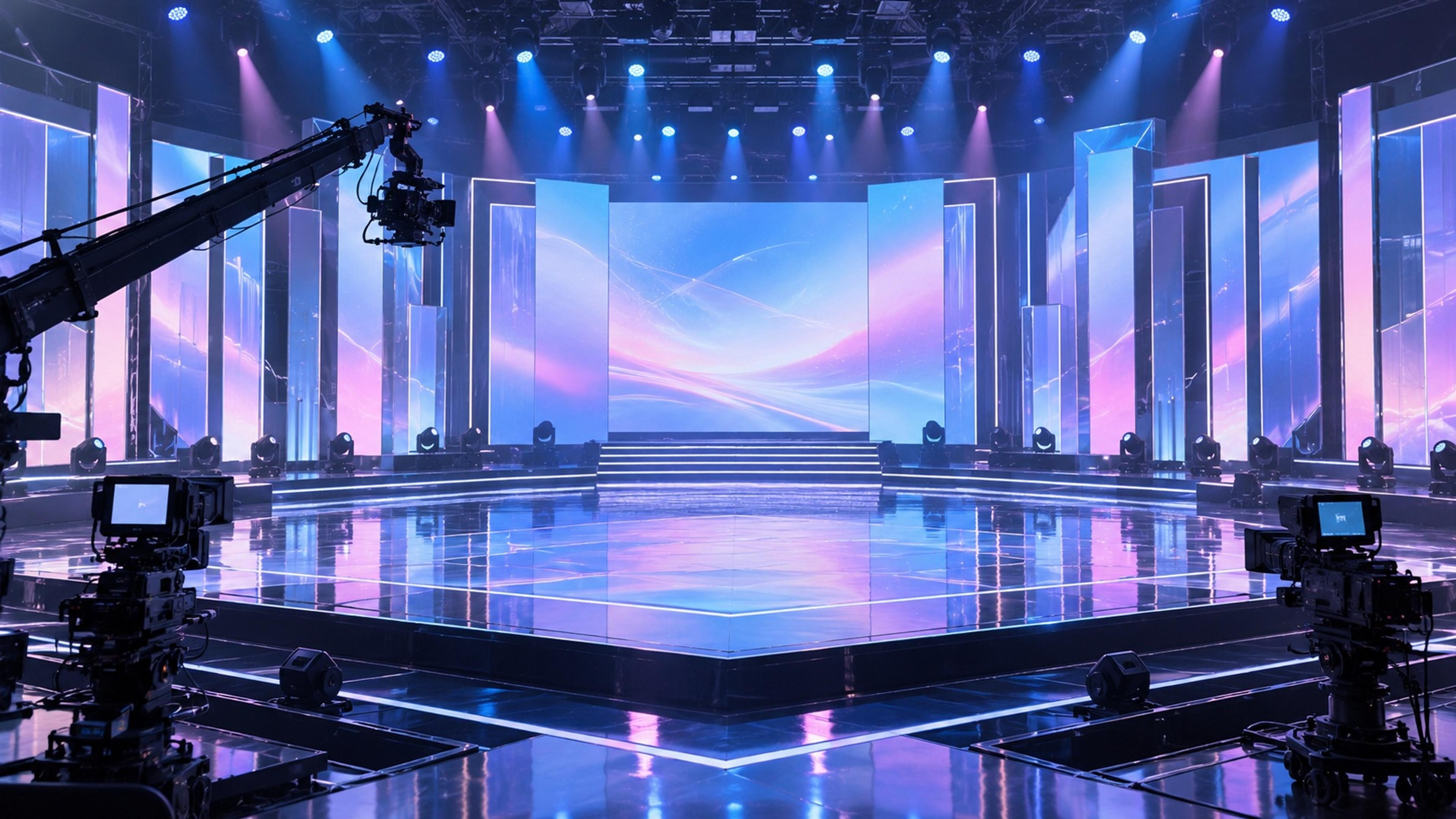 Empty Korean television music-show stage with LED screens and broadcast cameras before rehearsal