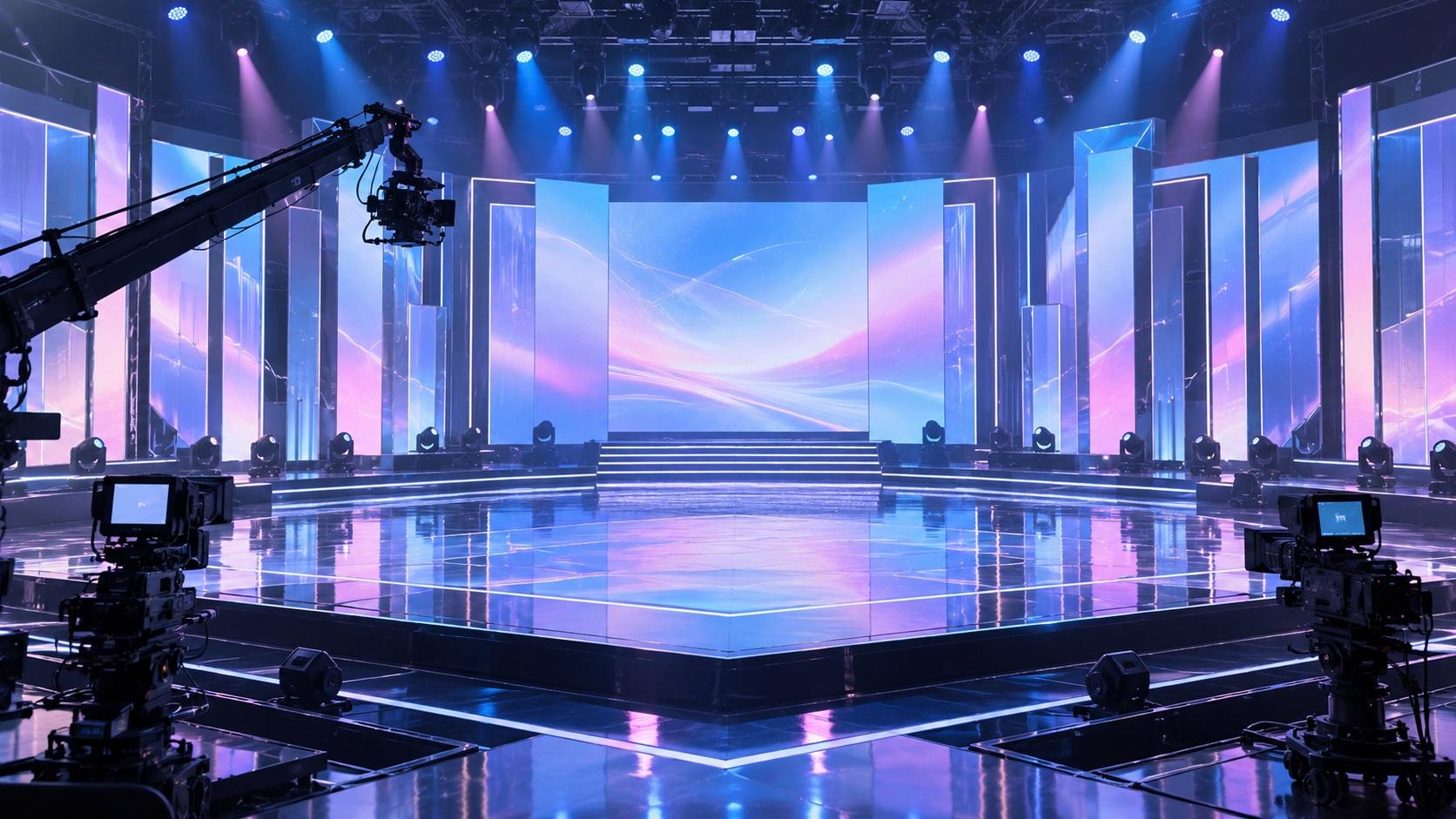 Empty Korean television music-show stage with LED screens and broadcast cameras before rehearsal