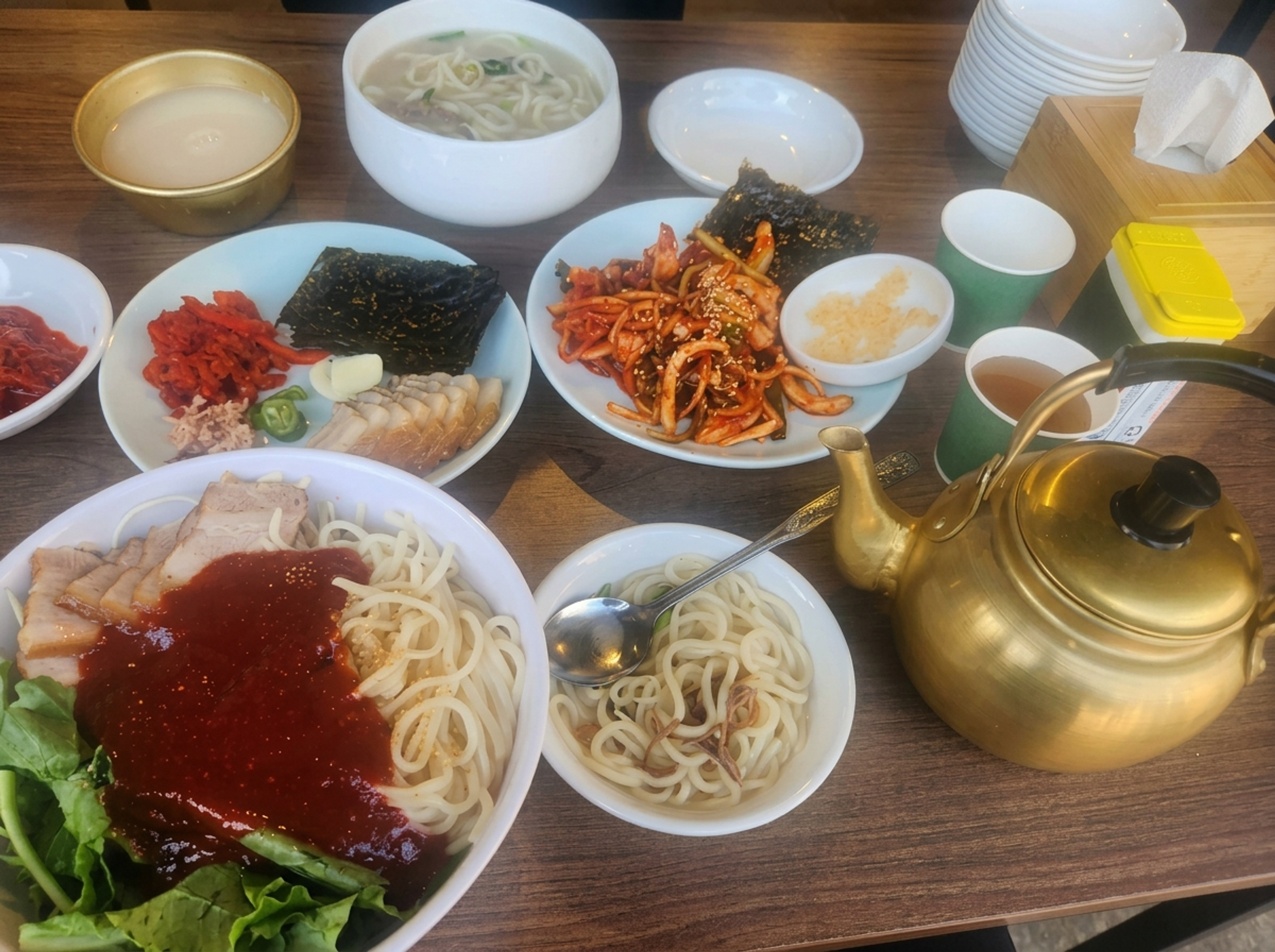 Korean Lunch Gets Serious: Noodles, Pork, Spicy Squid, and a Kettle of Makgeolli
