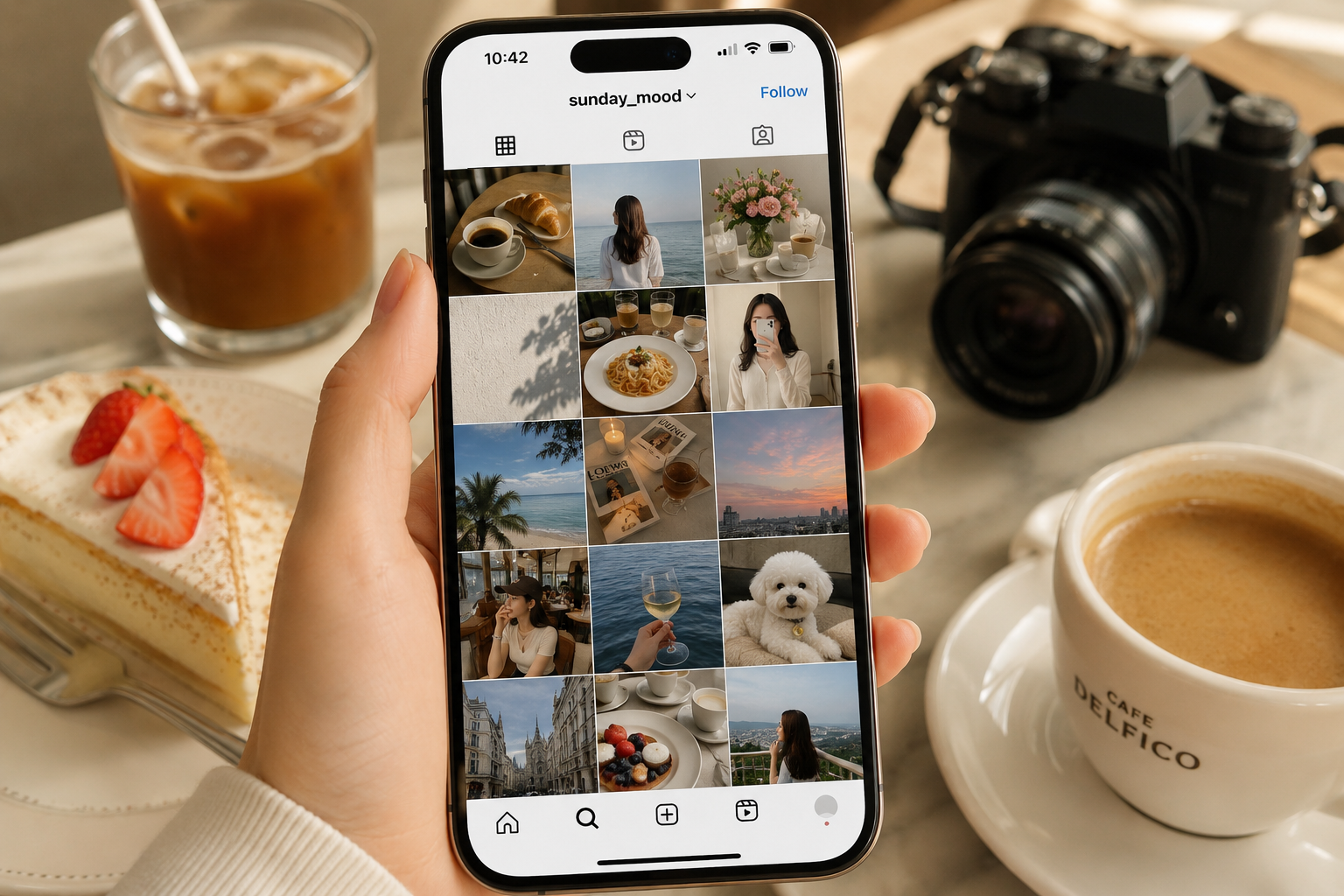 Smartphone displaying a curated social media feed in a cozy cafe