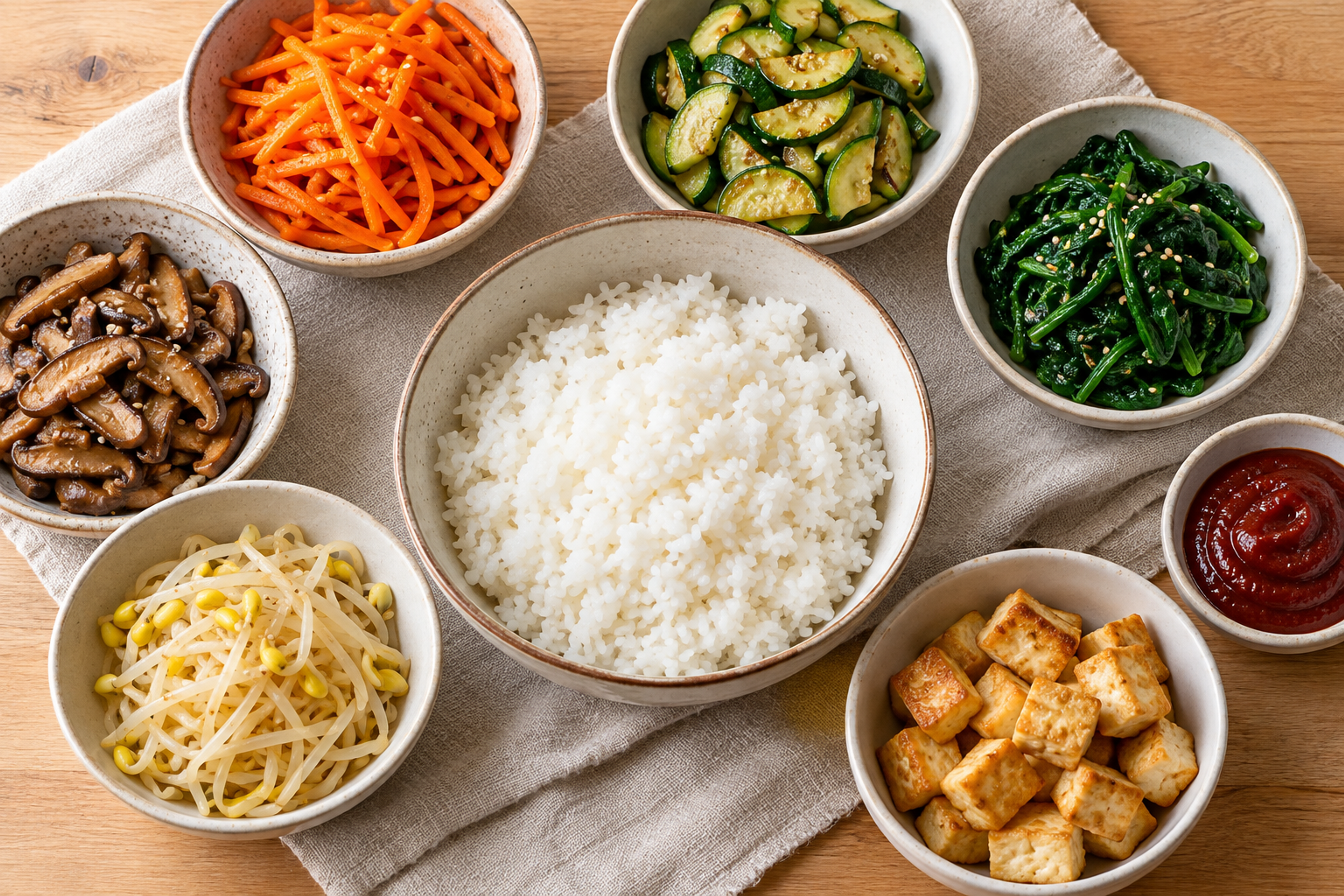 Cooked rice surrounded by separate bowls of carrots, zucchini, spinach, mushrooms, bean sprouts, tofu, and red sauce.