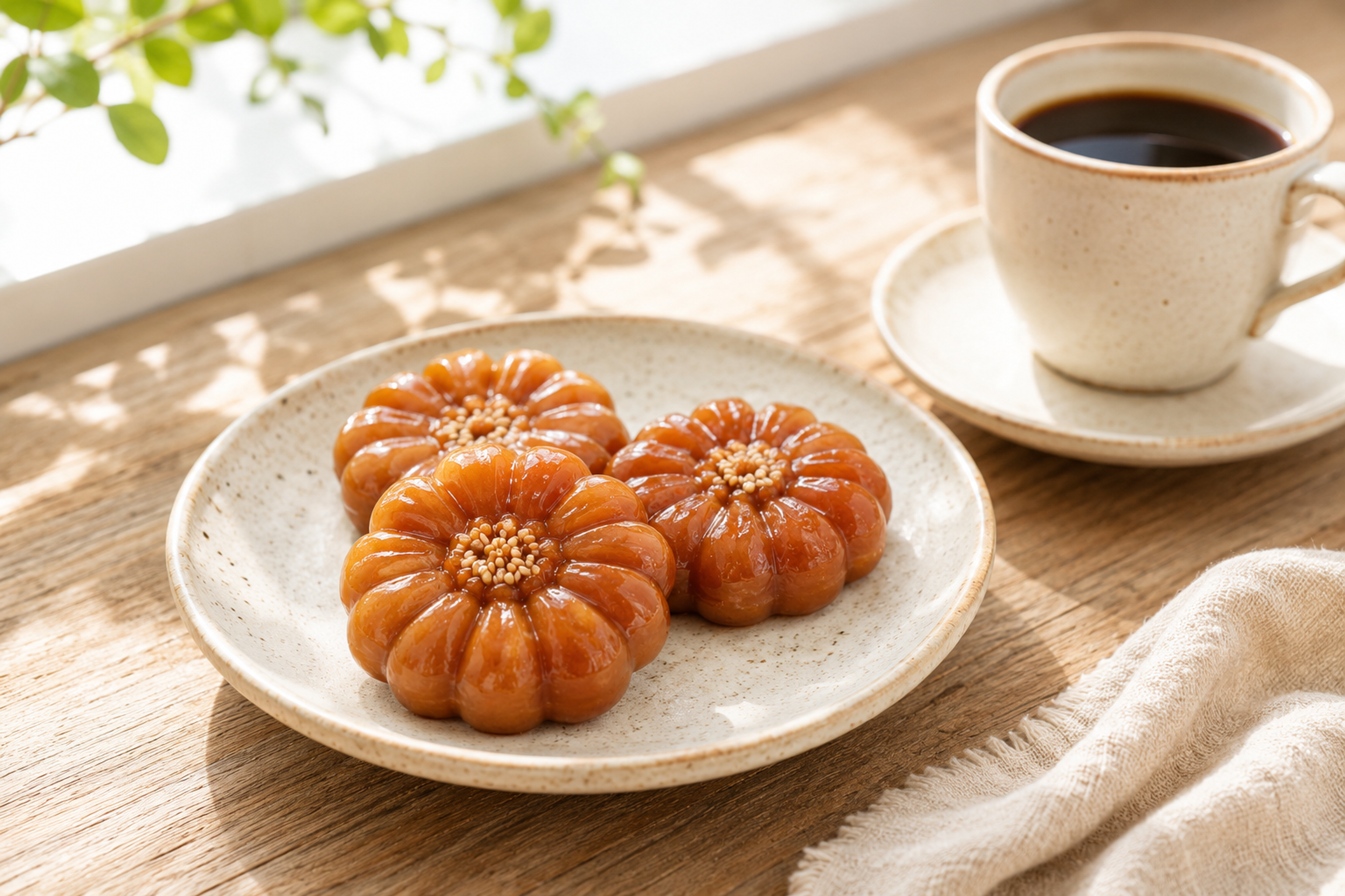 Flower-shaped yakgwa honey cookies served with black coffee