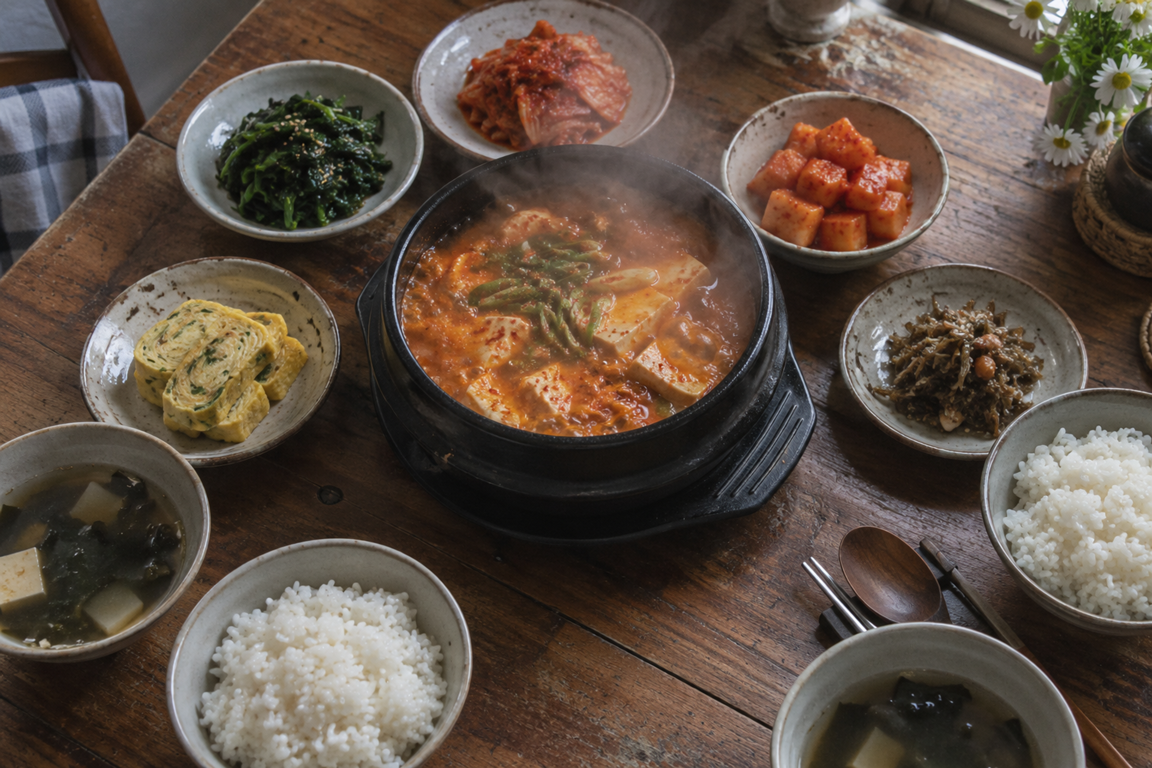 Korean home dinner table with individual bowls of rice and soup and one shared stew pot placed in the center among small side dishes