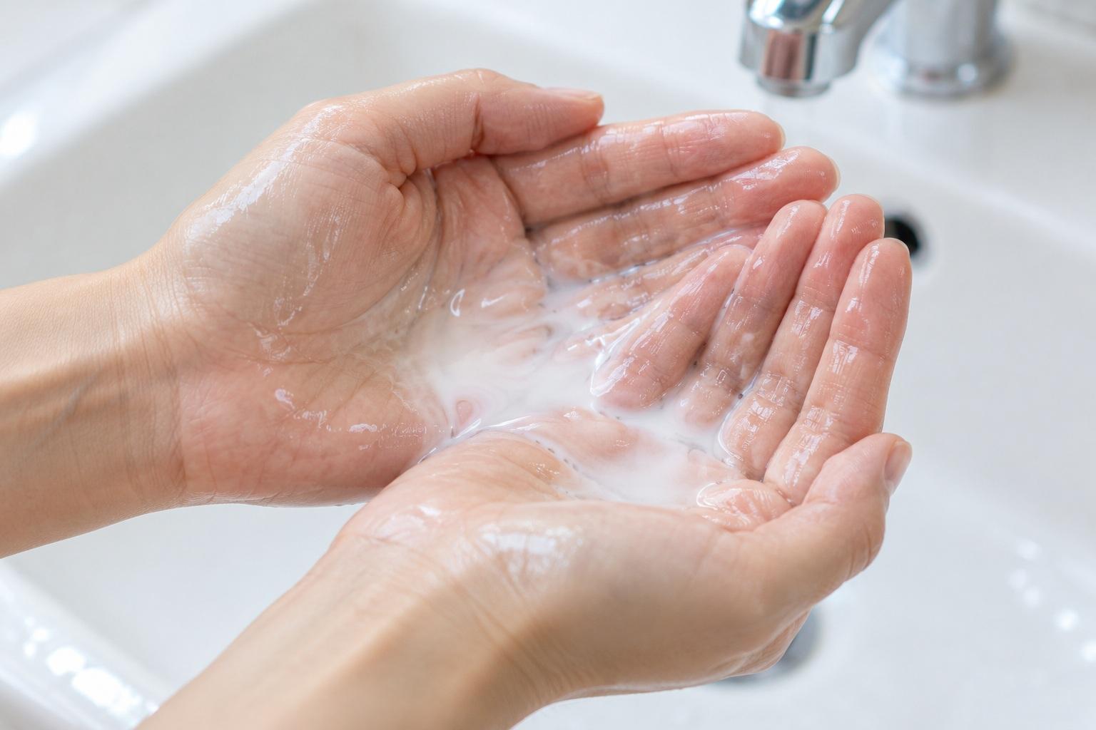 Cleansing oil forming a milky emulsion as water is added between clean hands
