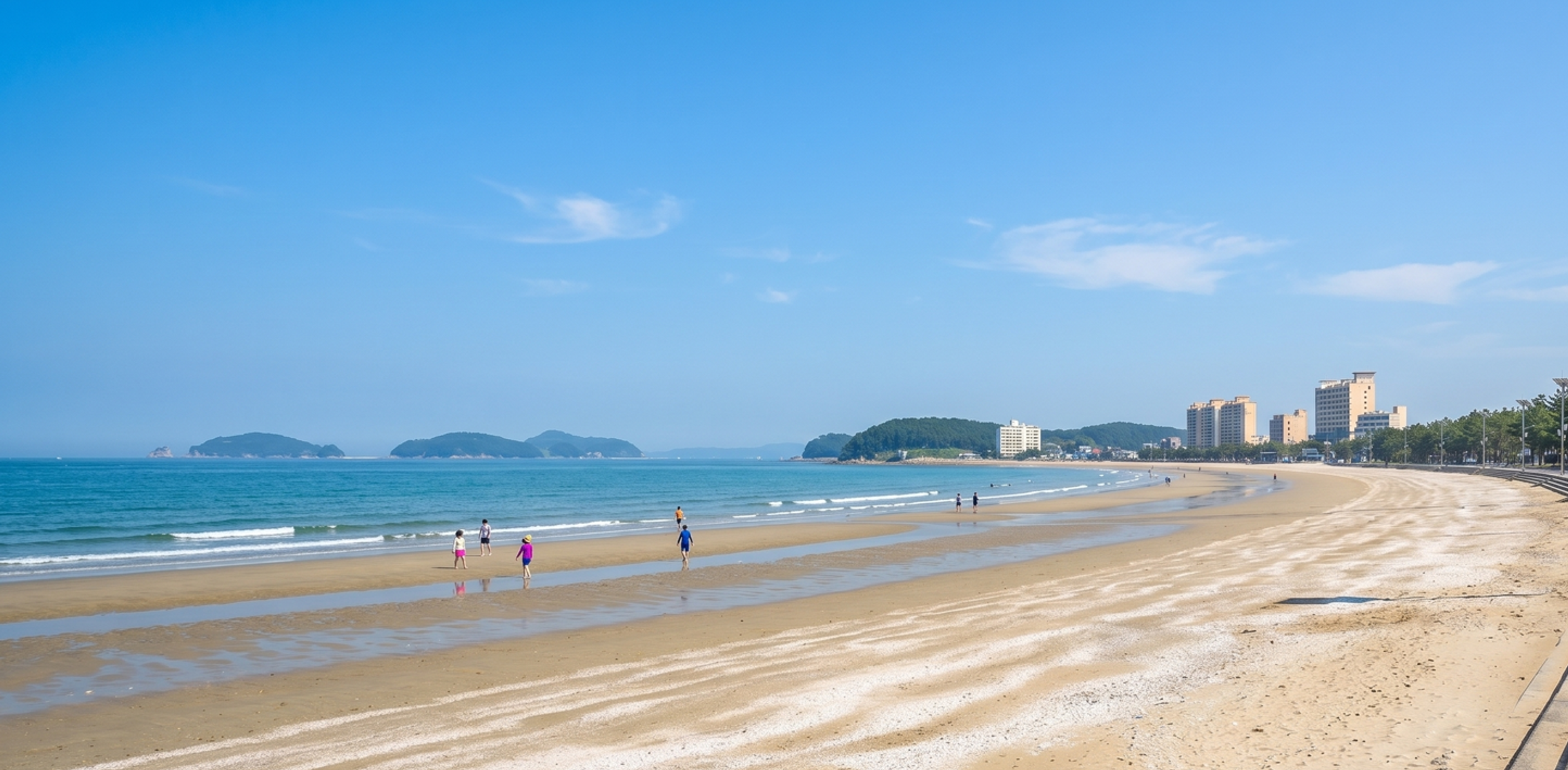 Early morning view of Daecheon Beach with silver-tinted sand and calm yellow sea under soft morning light