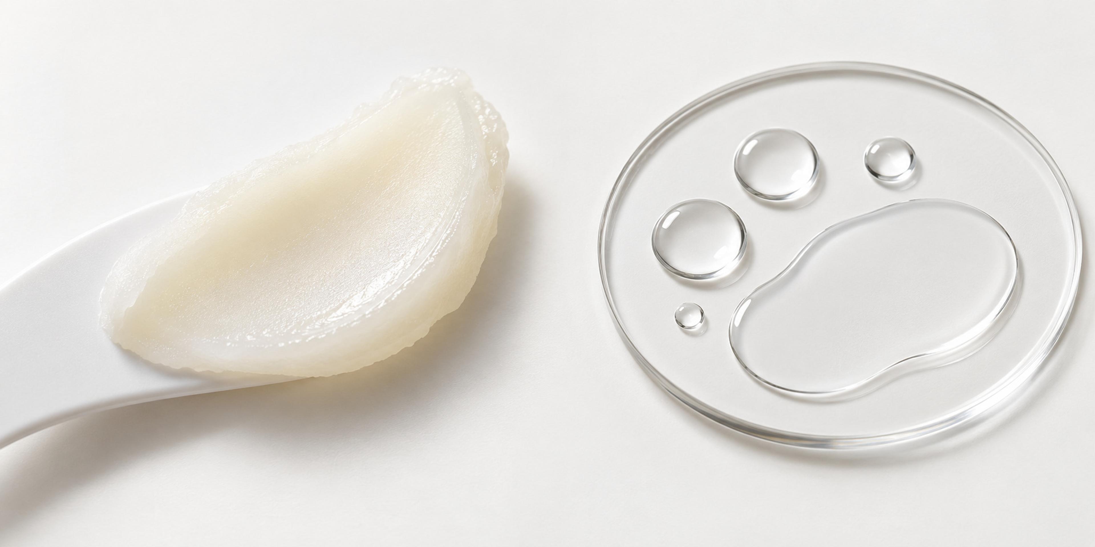 Smooth cleansing balm on a cosmetic spatula beside clear cleansing oil on a glass palette