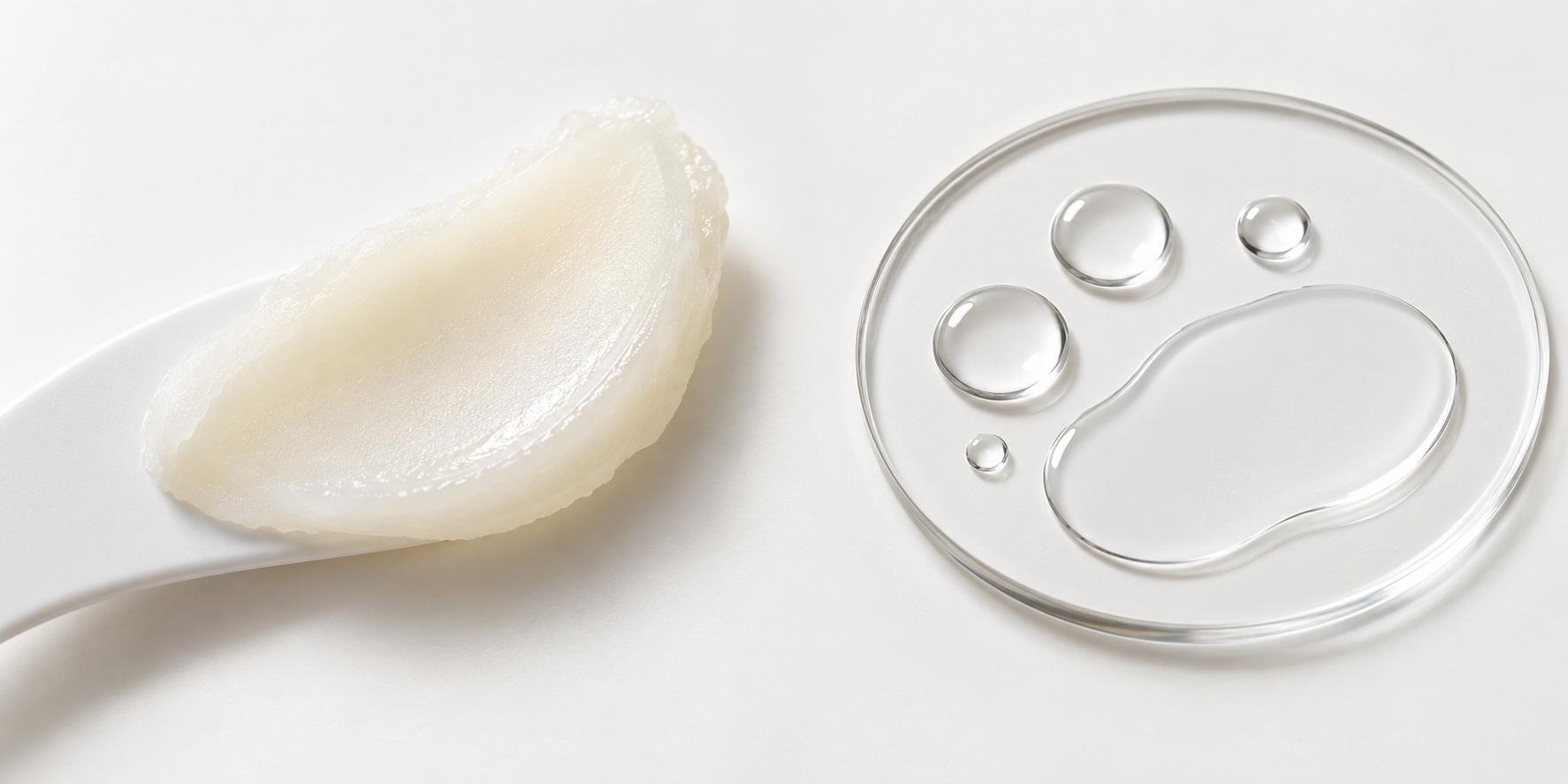 Smooth cleansing balm on a cosmetic spatula beside clear cleansing oil on a glass palette