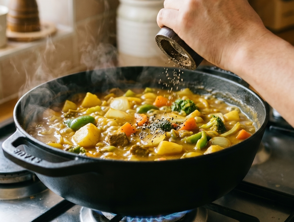 black pepper being cracked over a simmering pot of golden curry