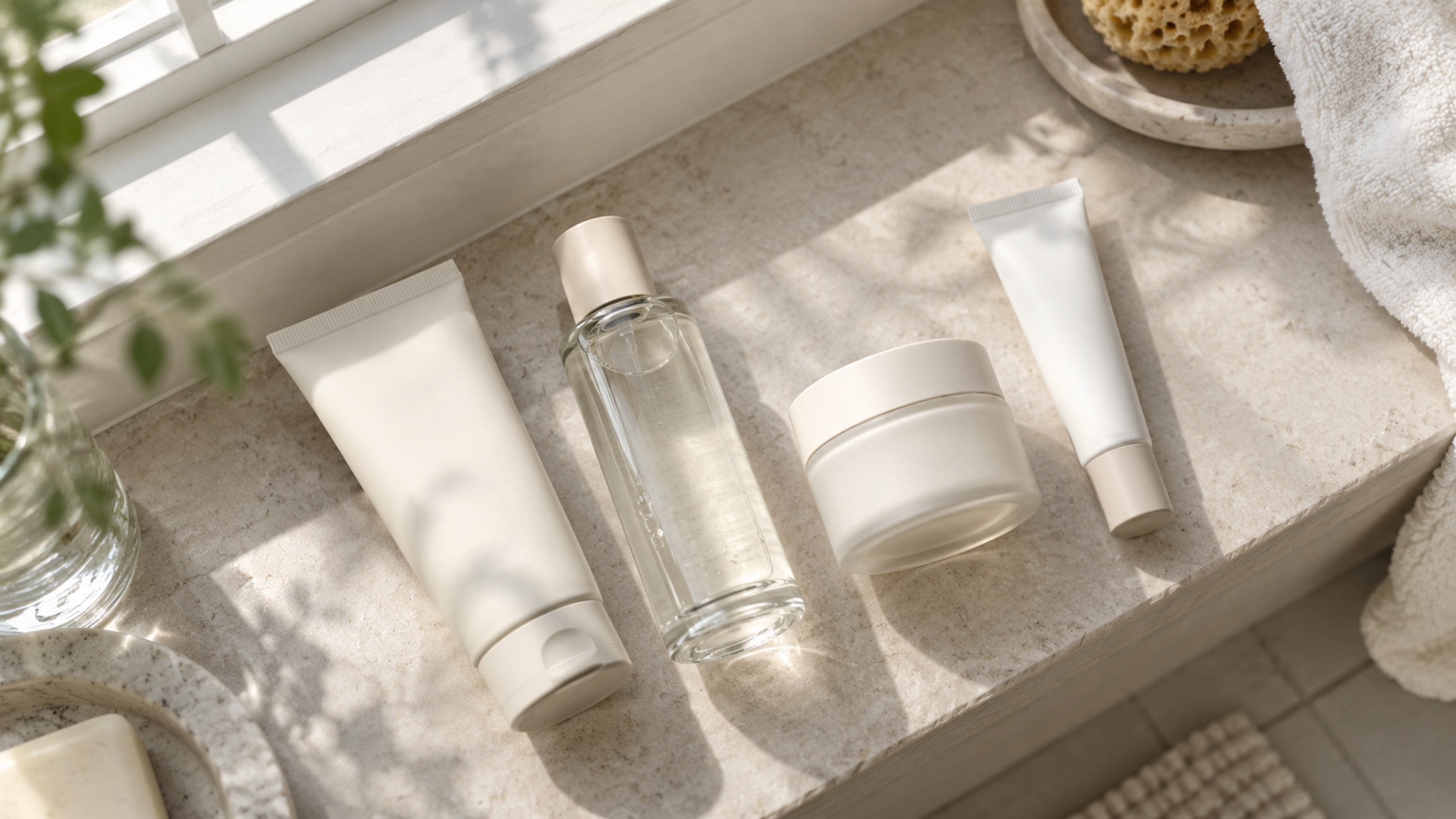 Minimal skincare shelf with a ceramide barrier cream, gentle cleanser, and sunscreen