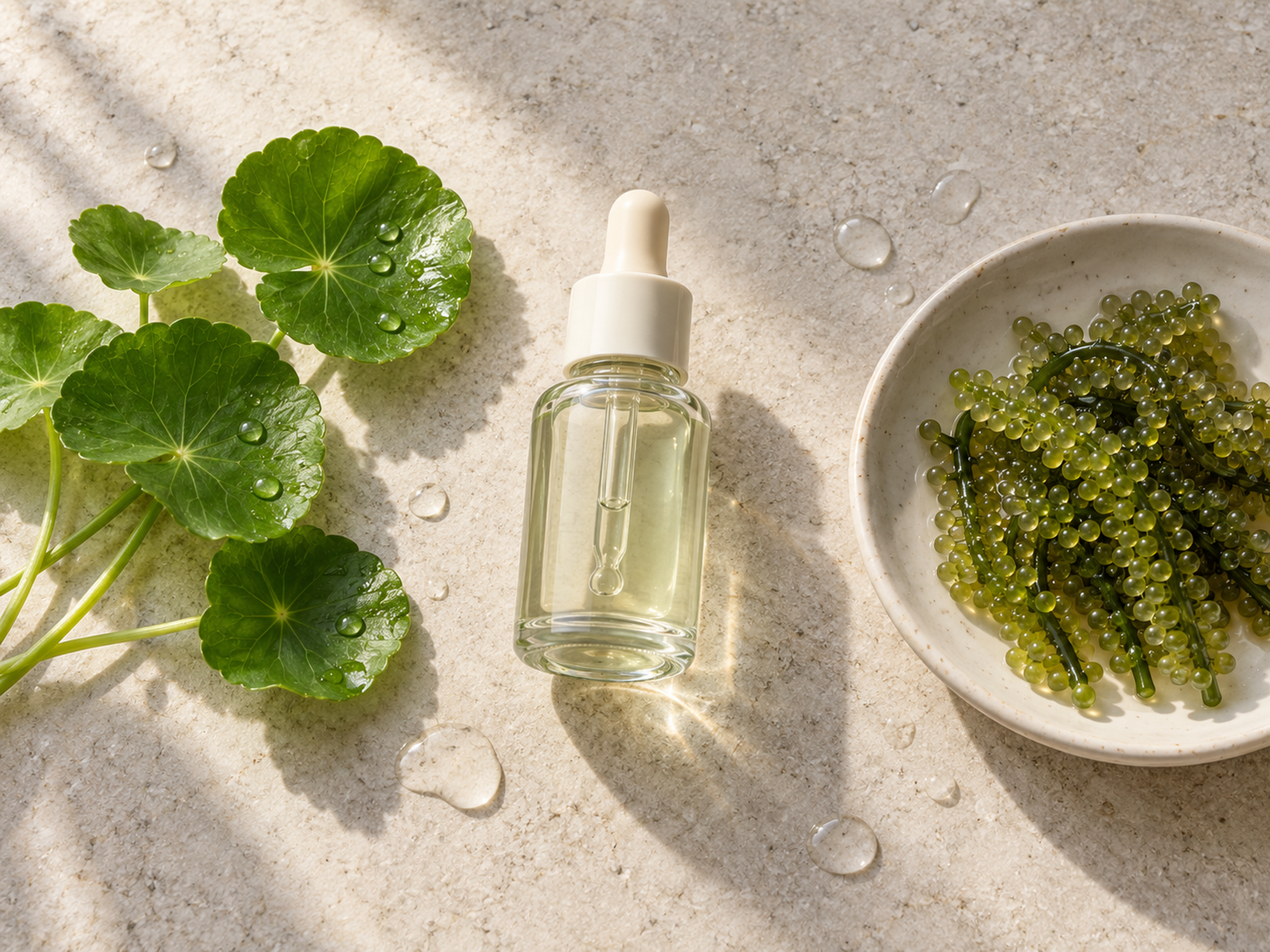 Fresh centella leaves and strands of sea grape seaweed beside an unlabeled glass dropper bottle on a pale stone