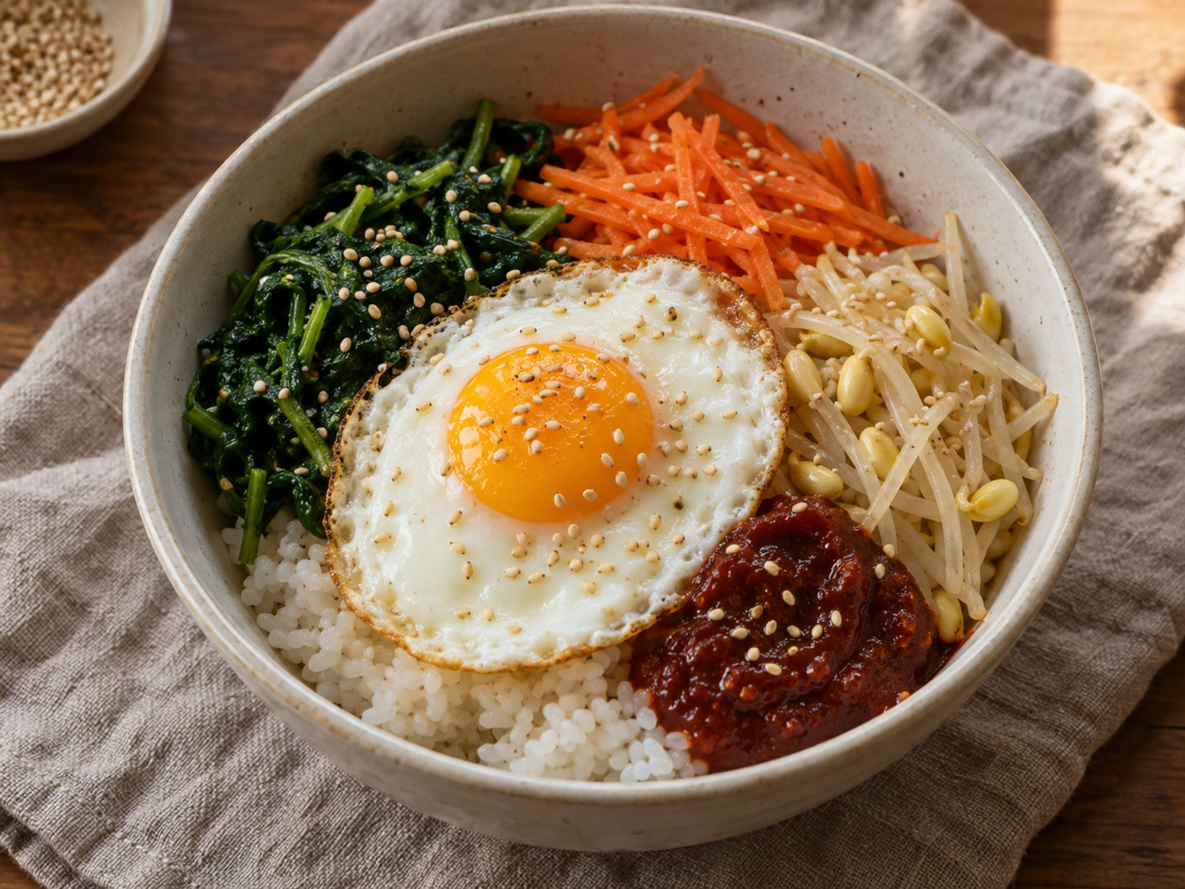 A bibimbap-style rice bowl with seasoned spinach, carrots, bean sprouts, a fried egg, and a spoonful of red chili paste on top of white rice