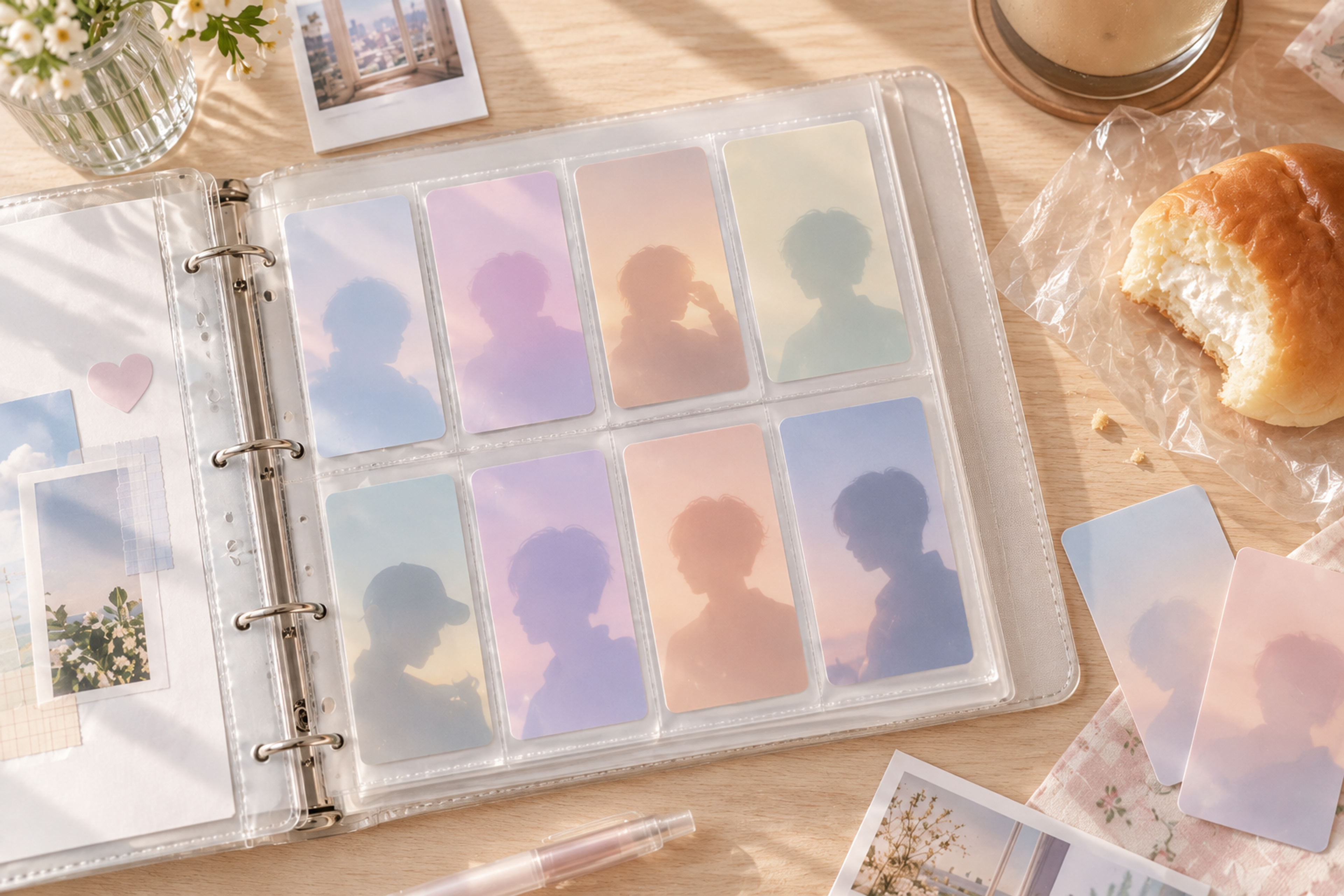 An open photocard binder with plain pastel cards in clear sleeves beside an opened bread wrapper on a desk
