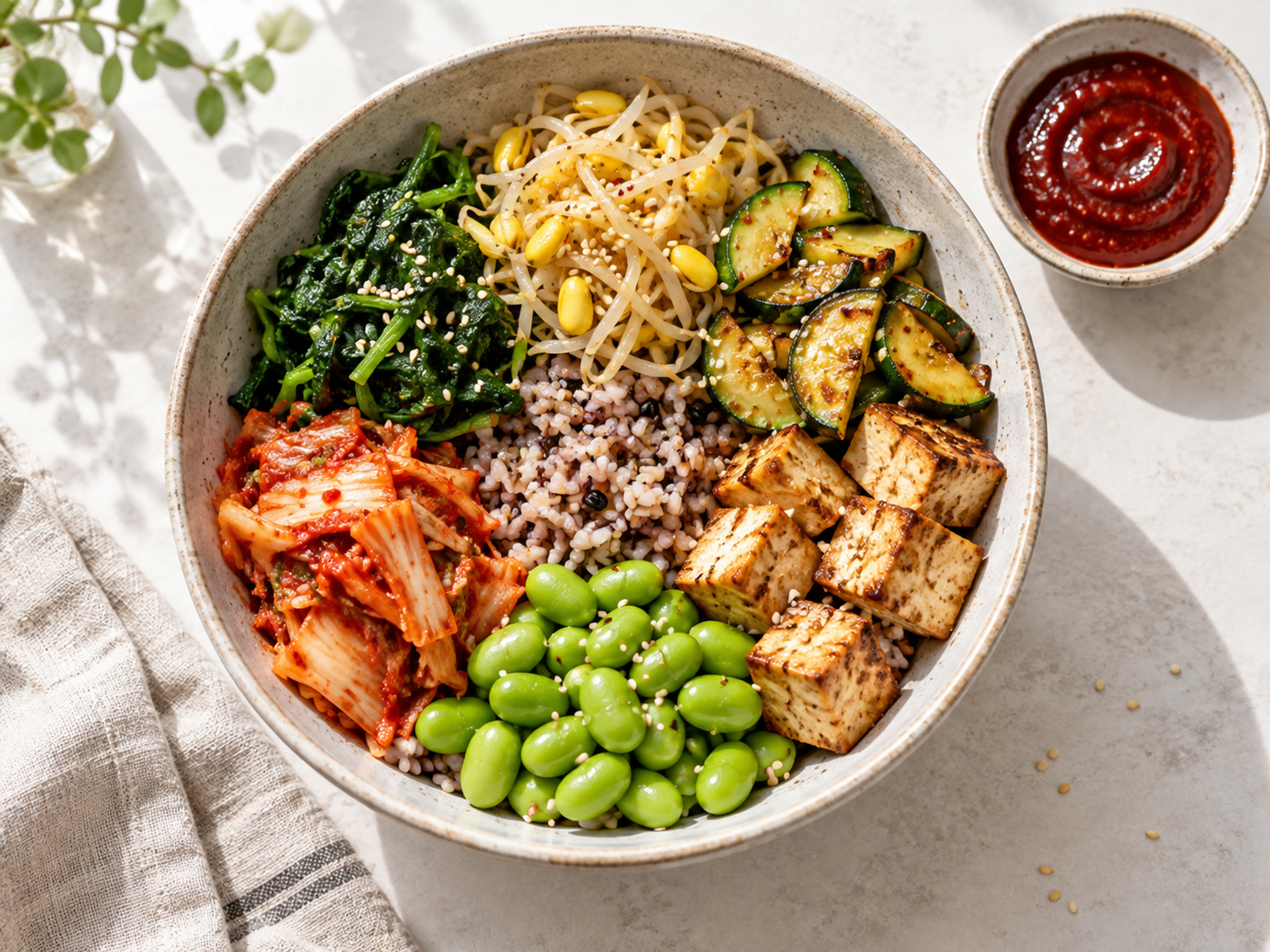 Grain bowl with multigrain rice, spinach namul, soybean sprouts, tofu, edamame, and kimchi