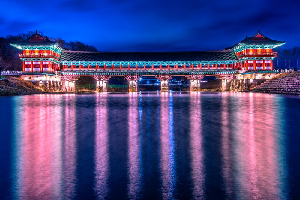 Woljeonggyo Bridge at dusk in the city of Gyeongju