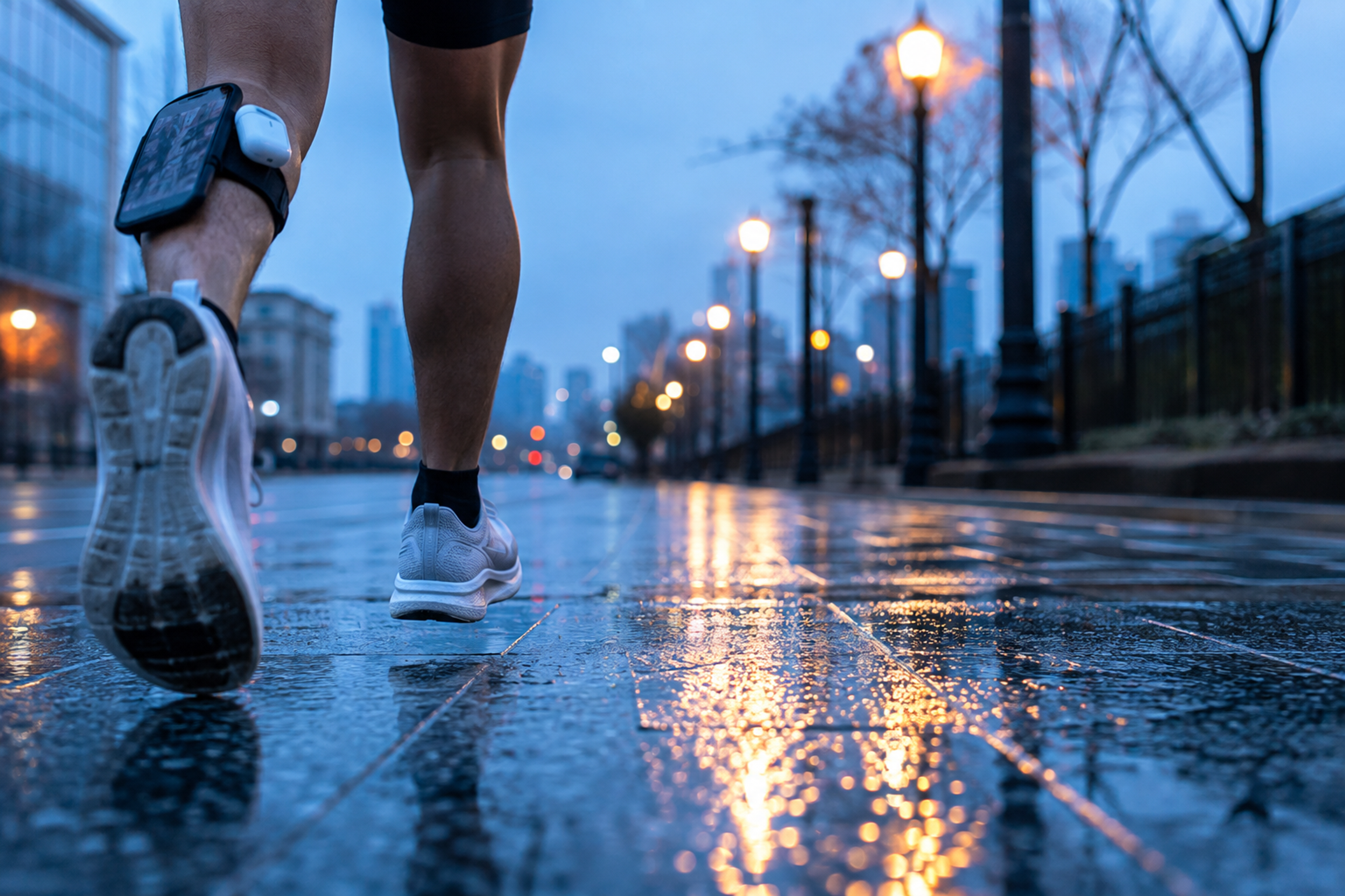 Runner's shoes mid-stride on wet city pavement at dawn with wireless earbuds