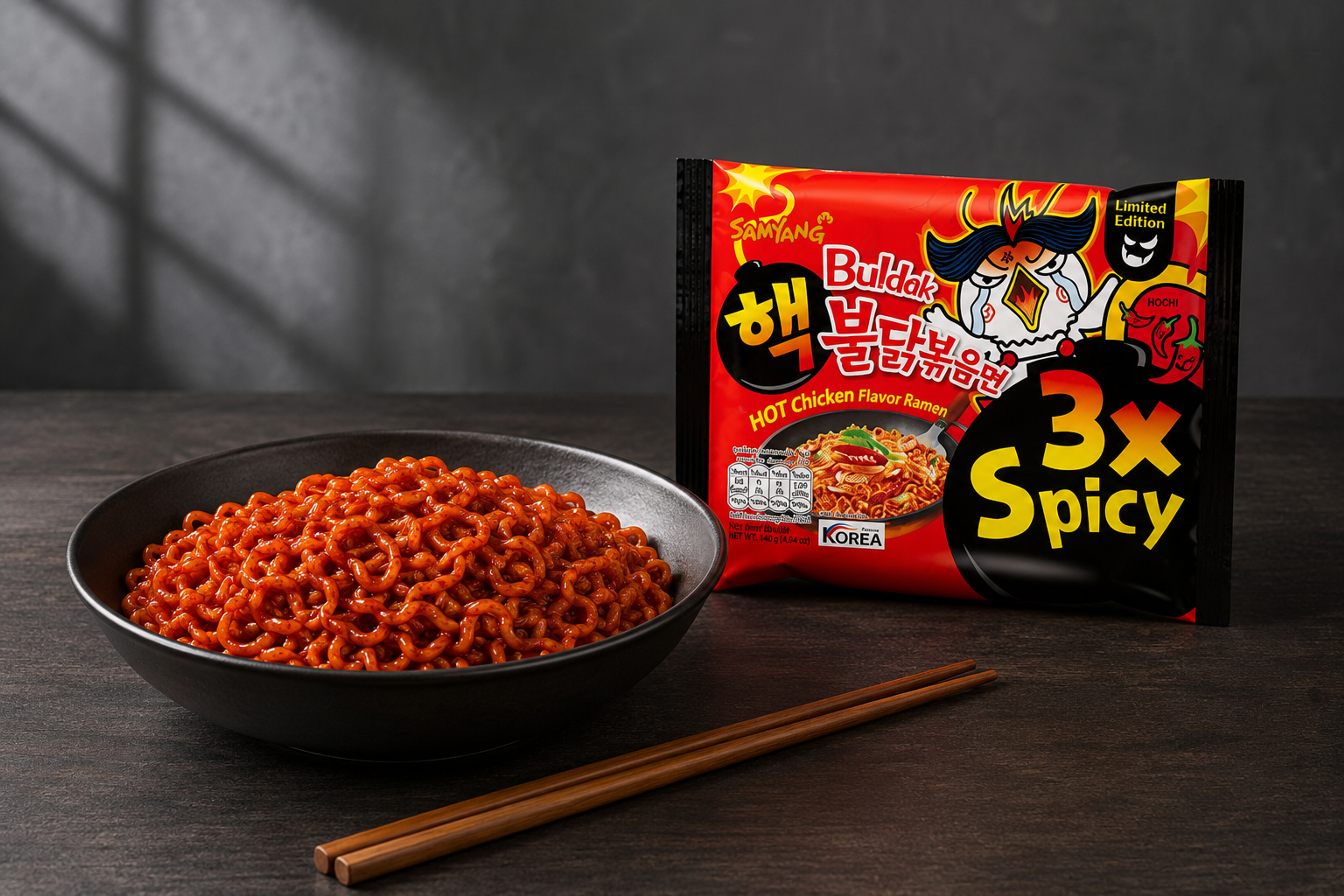 Samyang 3X Spicy Buldak Ramen package beside a bowl of spicy noodles
